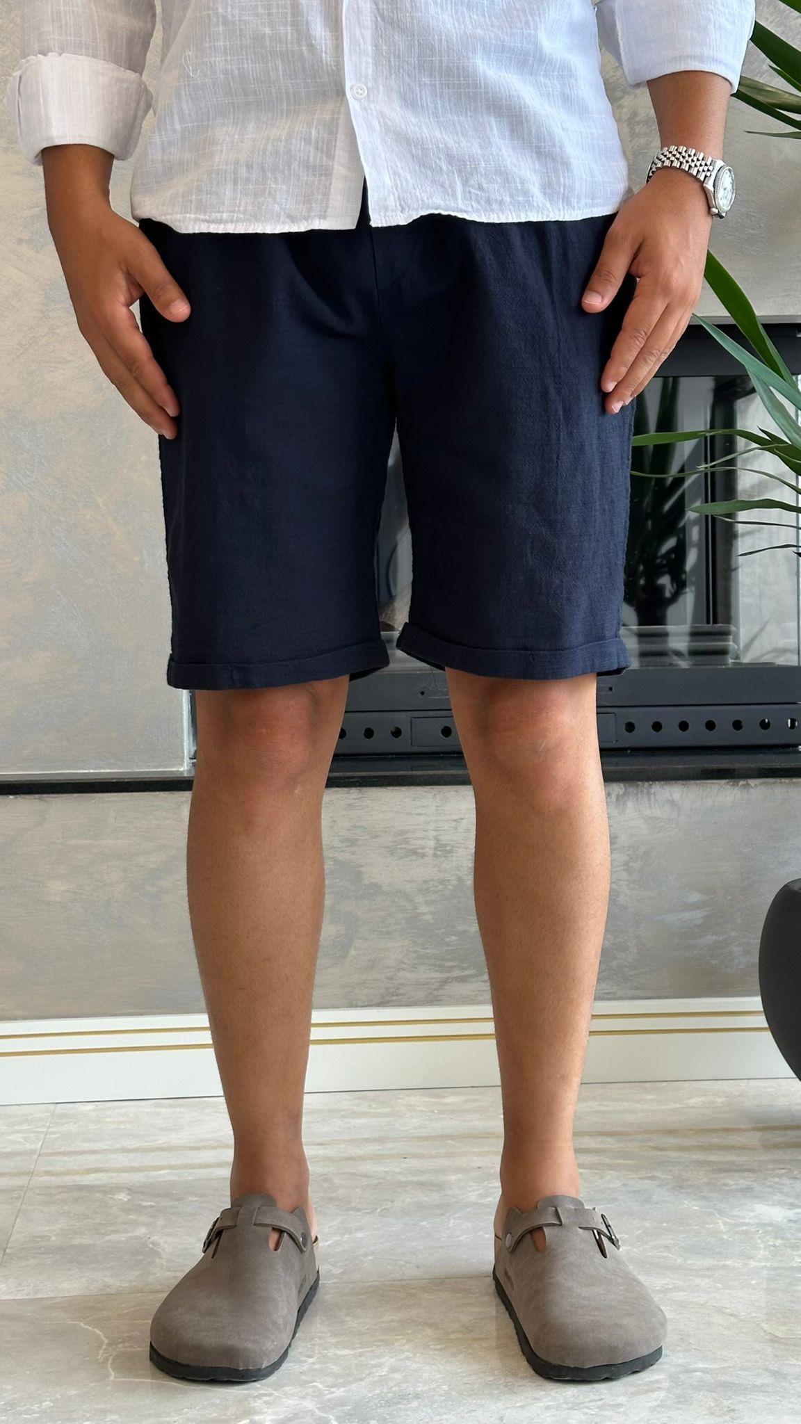 Erkek Beli Bağcıklı Relaxed Fit Keten Şort Lacivert Eca027