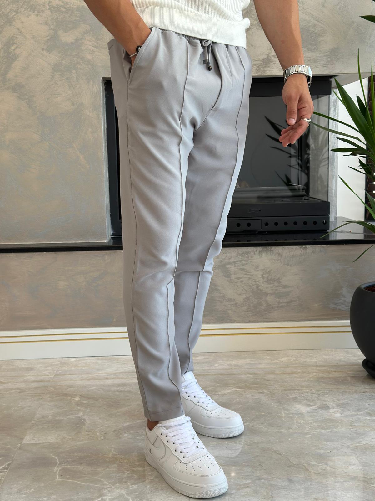Erkek Beli Bağcıklı Slim Fit  Pantolon Gri Eca012