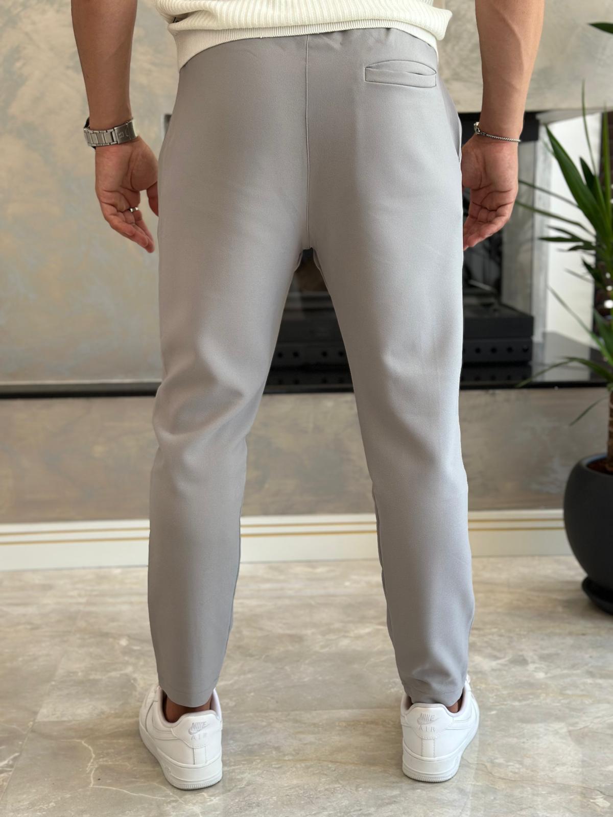 Erkek Beli Bağcıklı Slim Fit  Pantolon Gri Eca012