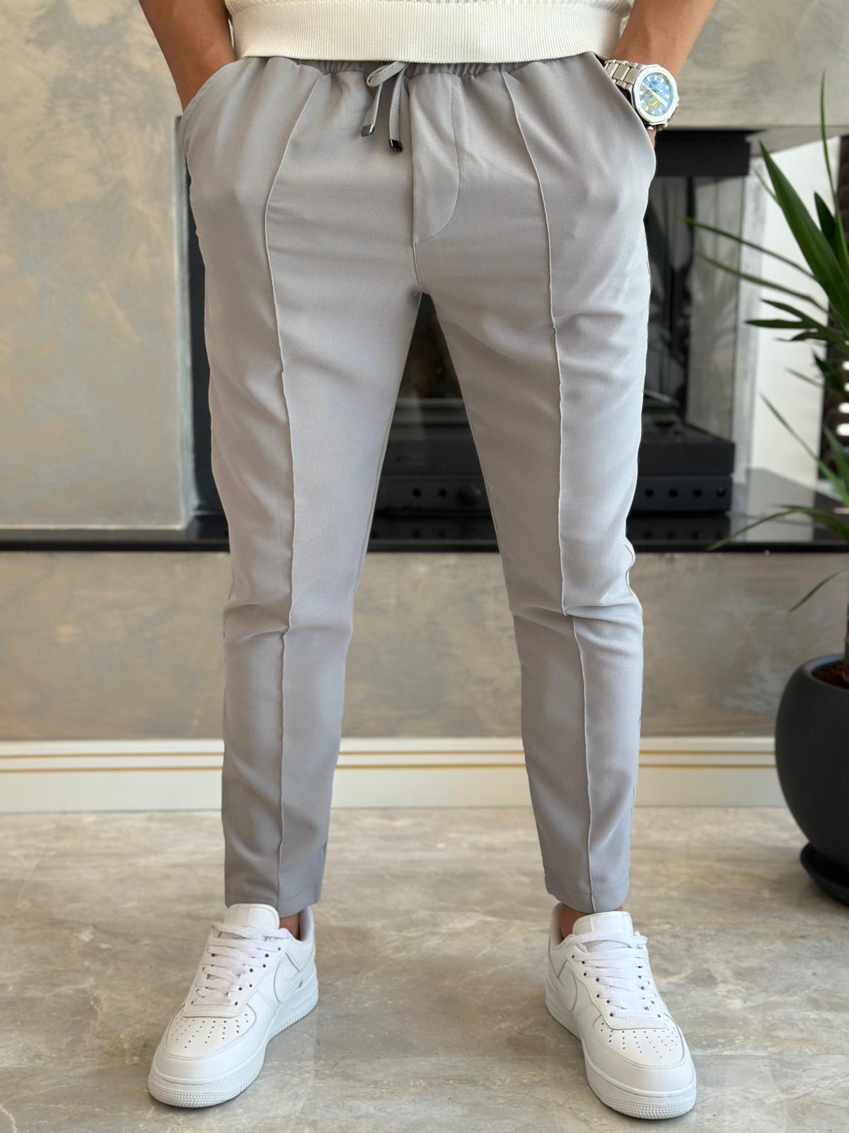 Erkek Beli Bağcıklı Slim Fit  Pantolon Gri Eca012