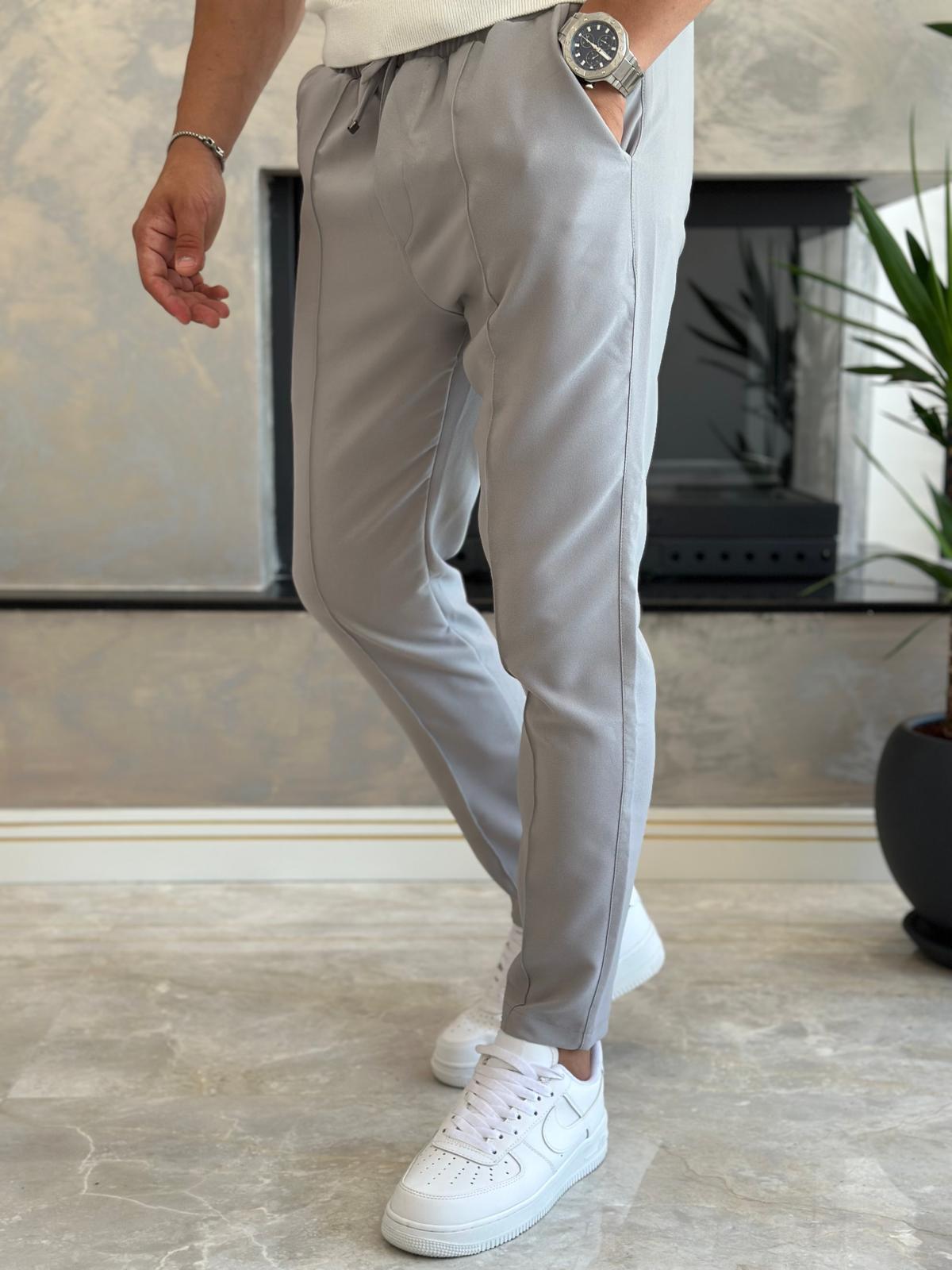 Erkek Beli Bağcıklı Slim Fit  Pantolon Gri Eca012