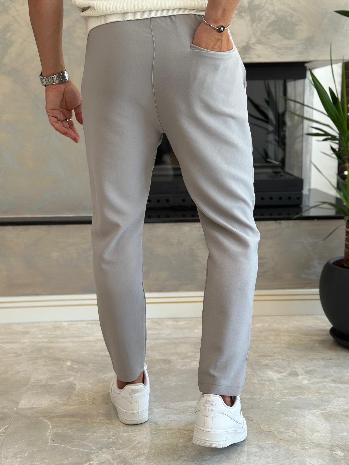 Erkek Beli Bağcıklı Slim Fit  Pantolon Gri Eca012