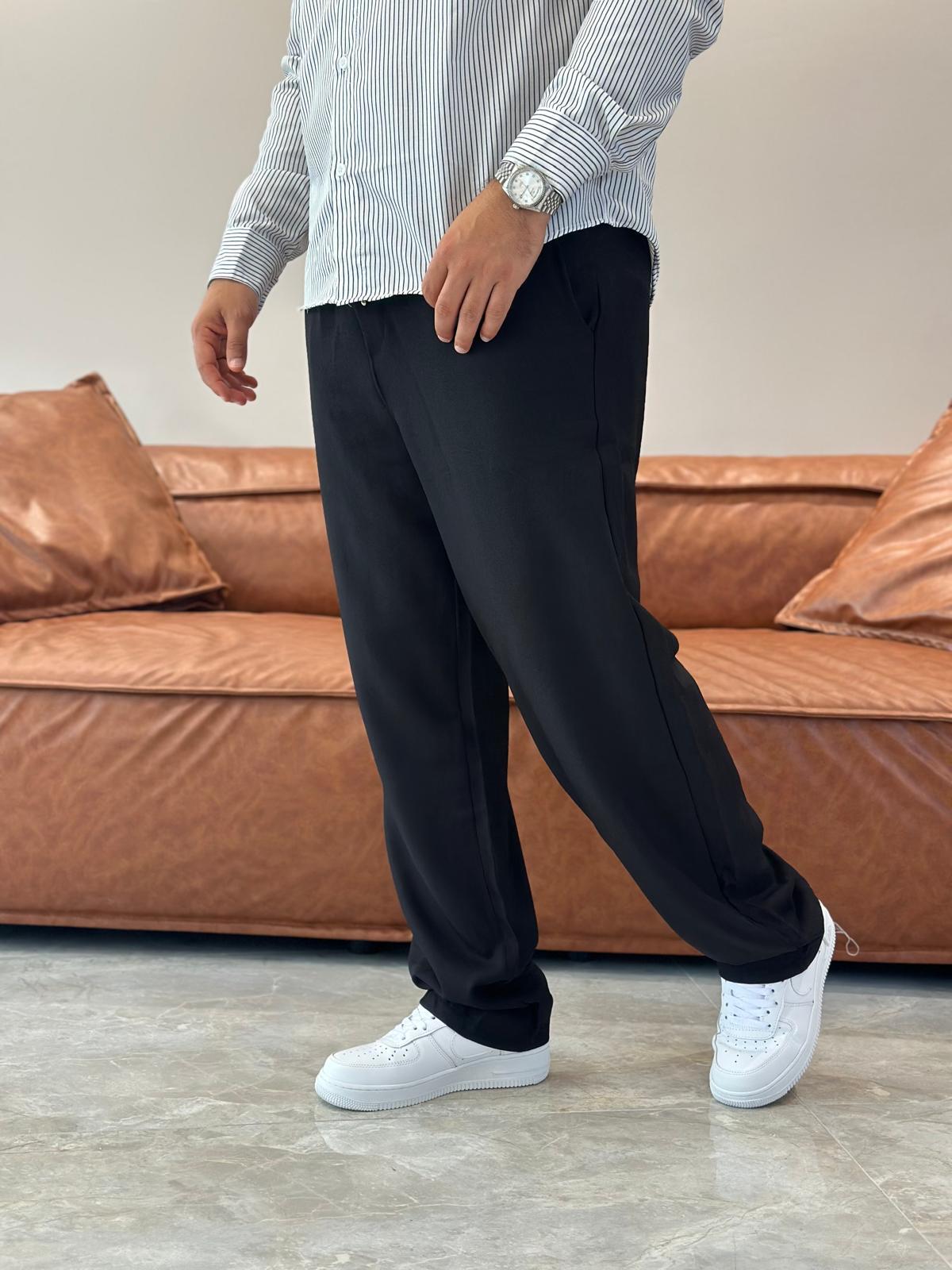 Erkek Beli Bağcıklı Tensel Kumaş Rahat Pantolon Siyah Eca004