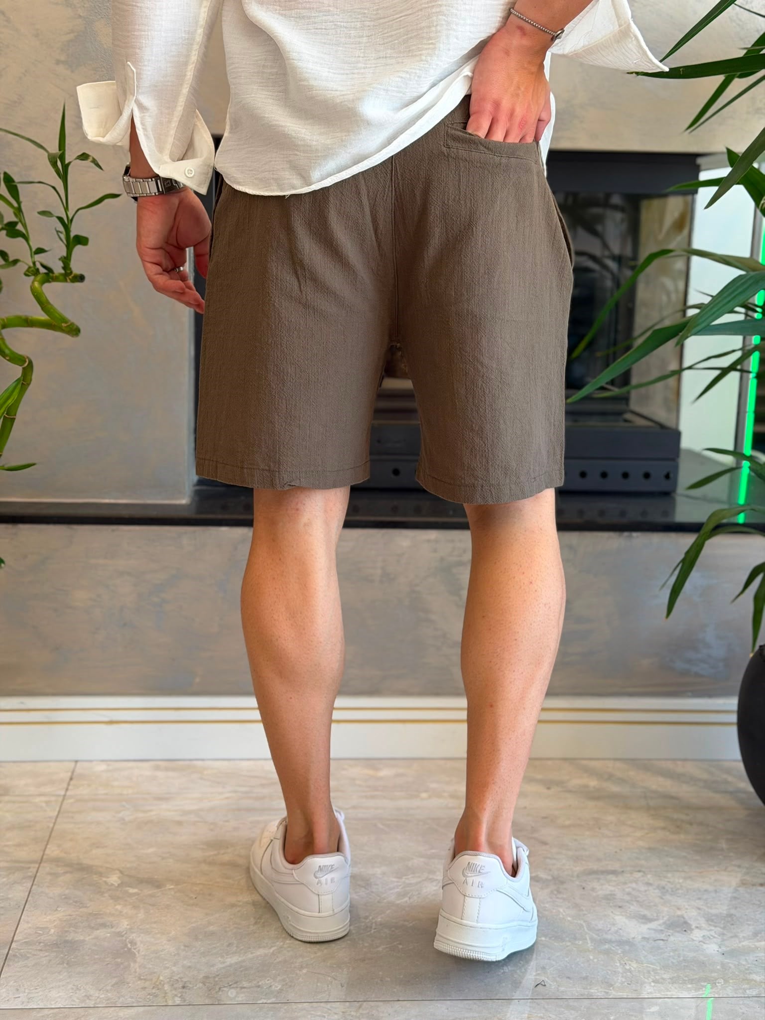 Erkek Beli Bağcıklı ve Lastikli Slim Fit  Ham Keten Şort Haki Eca086