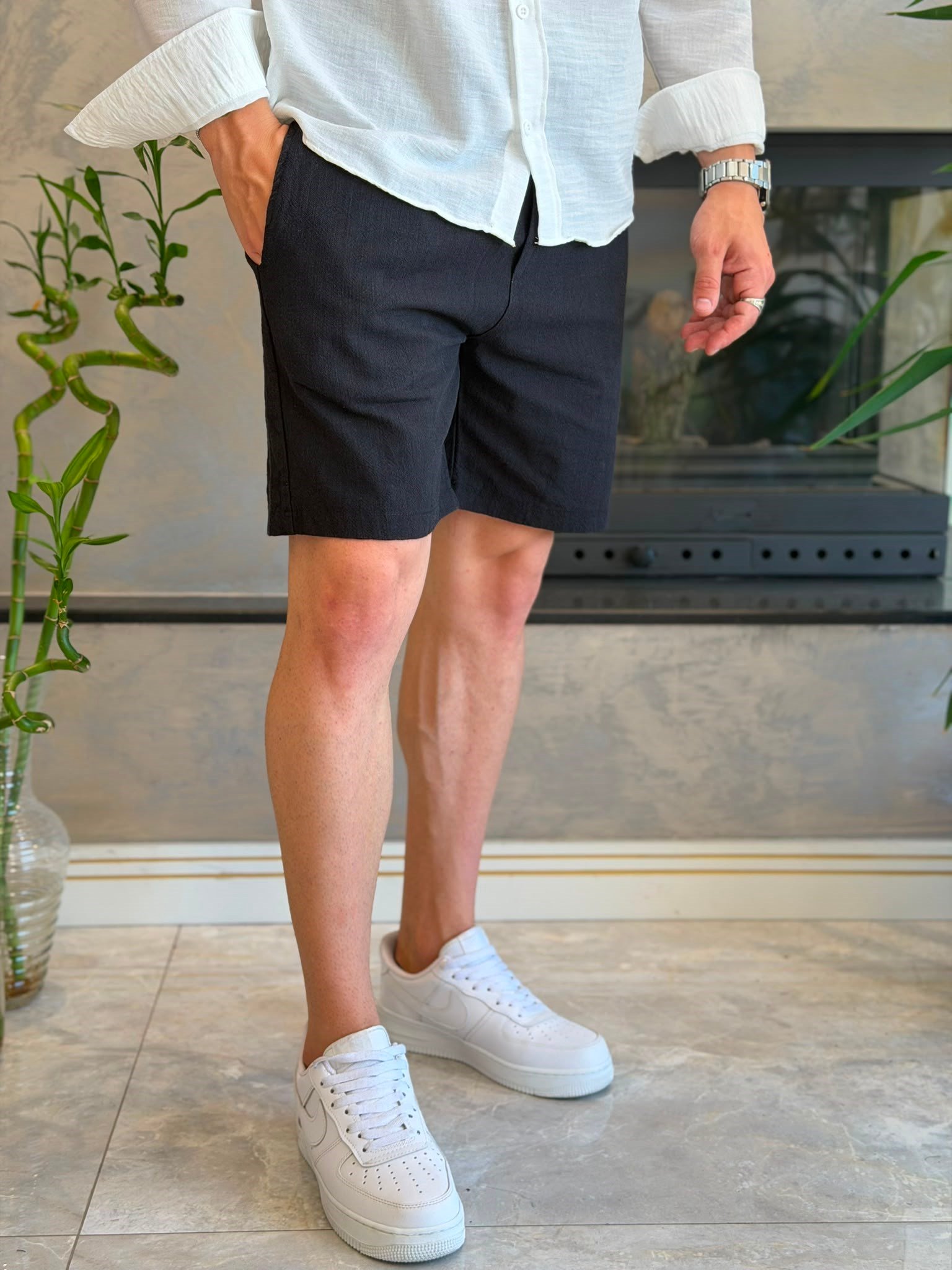 Erkek Beli Bağcıklı ve Lastikli Slim Fit  Ham Keten Şort Siyah Eca086