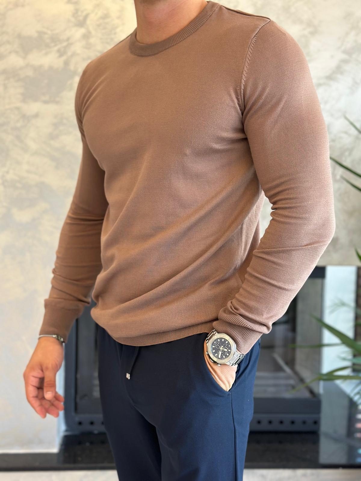 Erkek Bisiklet Yaka Triko Kazak Kahverengi  Eca033