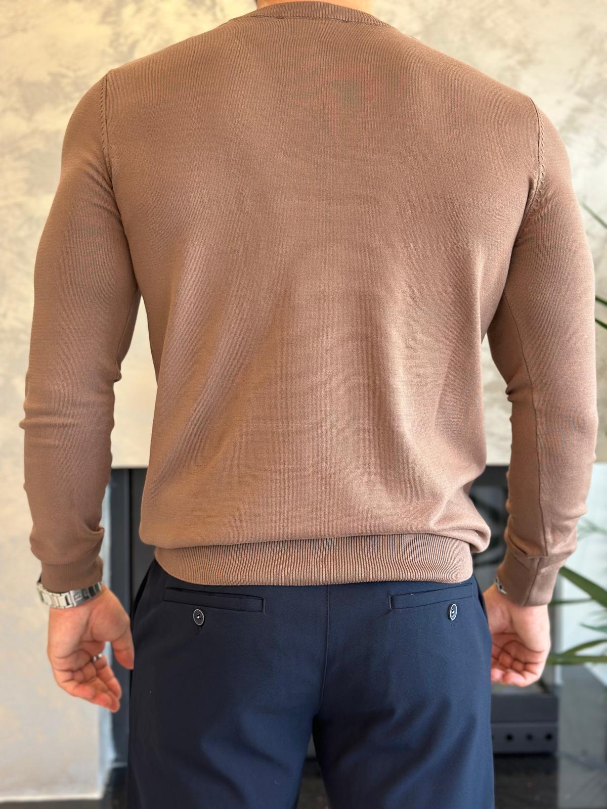 Erkek Bisiklet Yaka Triko Kazak Kahverengi  Eca033