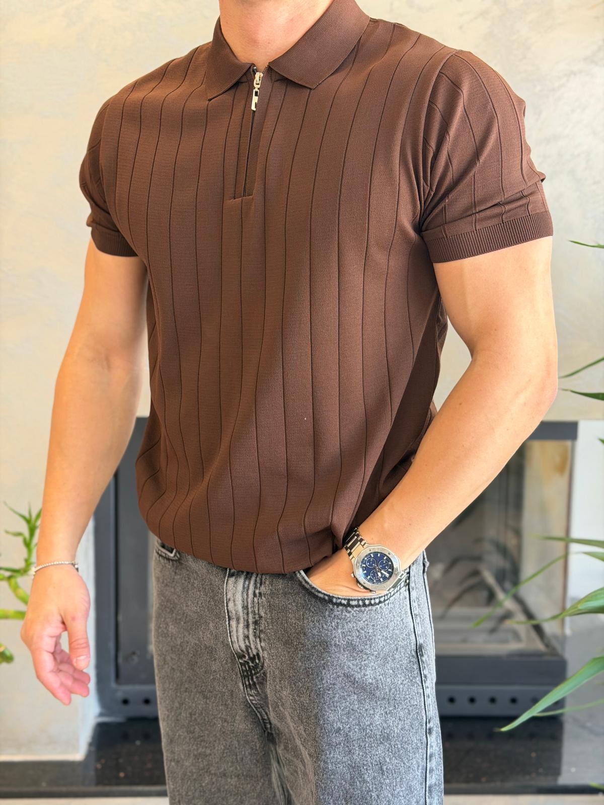 Erkek Çizgi Detaylı Fermuarlı Tshirt Acı Kahve Eca066