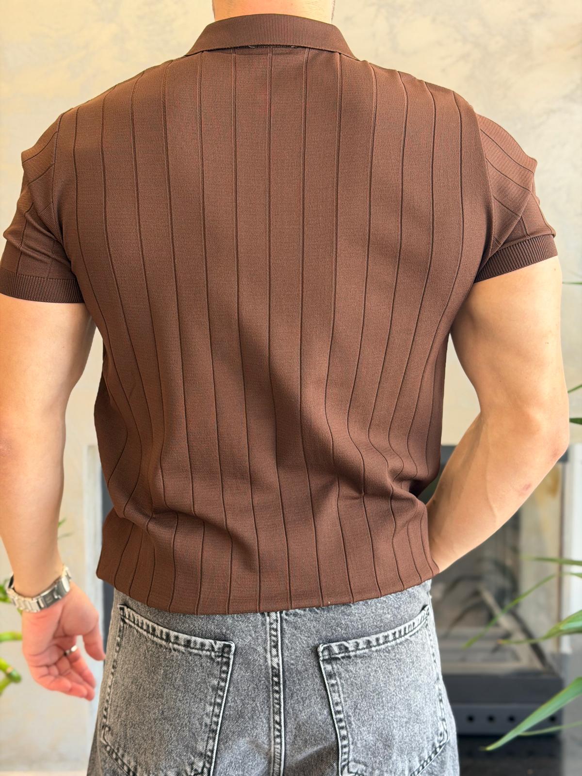 Erkek Çizgi Detaylı Fermuarlı Tshirt Acı Kahve Eca066