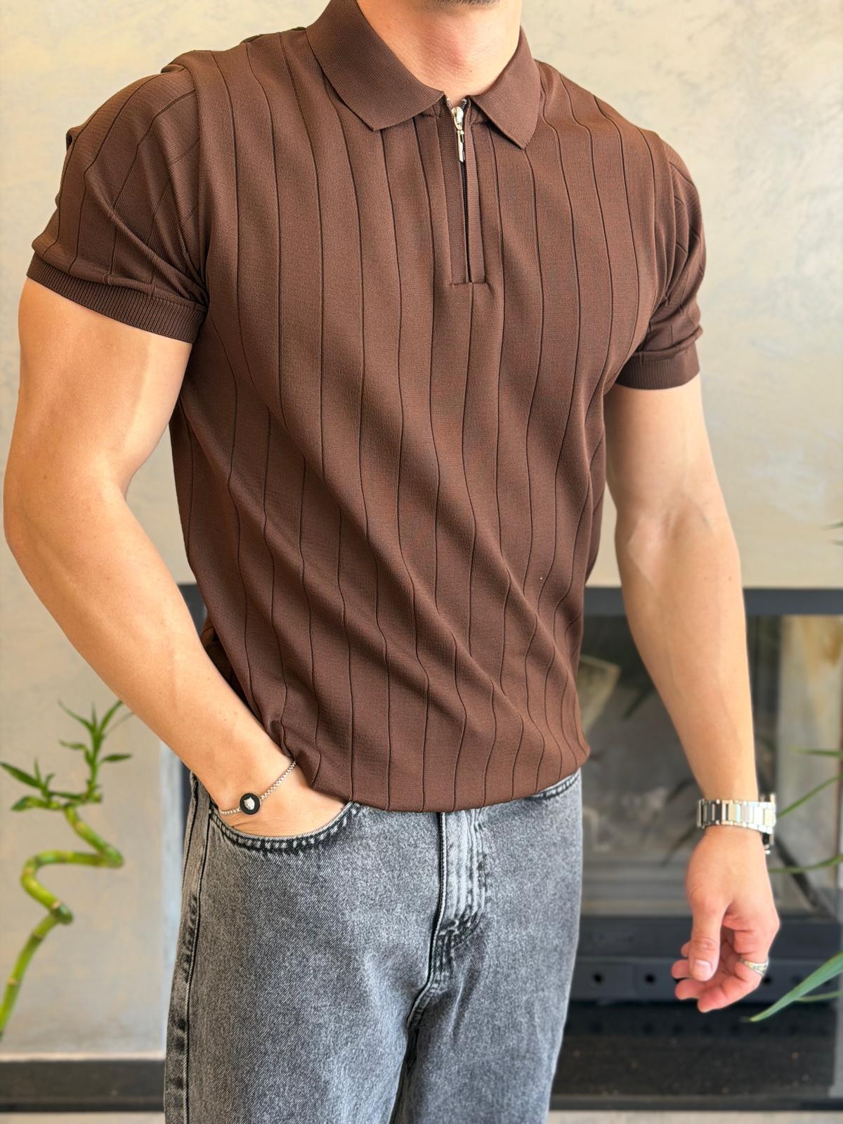 Erkek Çizgi Detaylı Fermuarlı Tshirt Acı Kahve Eca066
