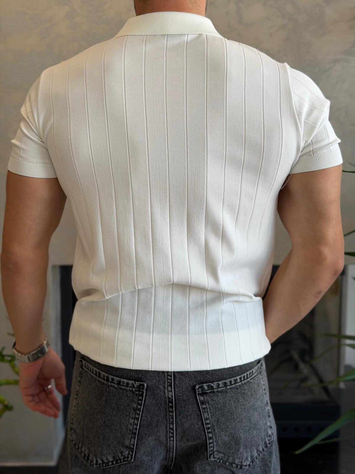 Erkek Çizgi Detaylı Fermuarlı Tshirt Beyaz Eca066