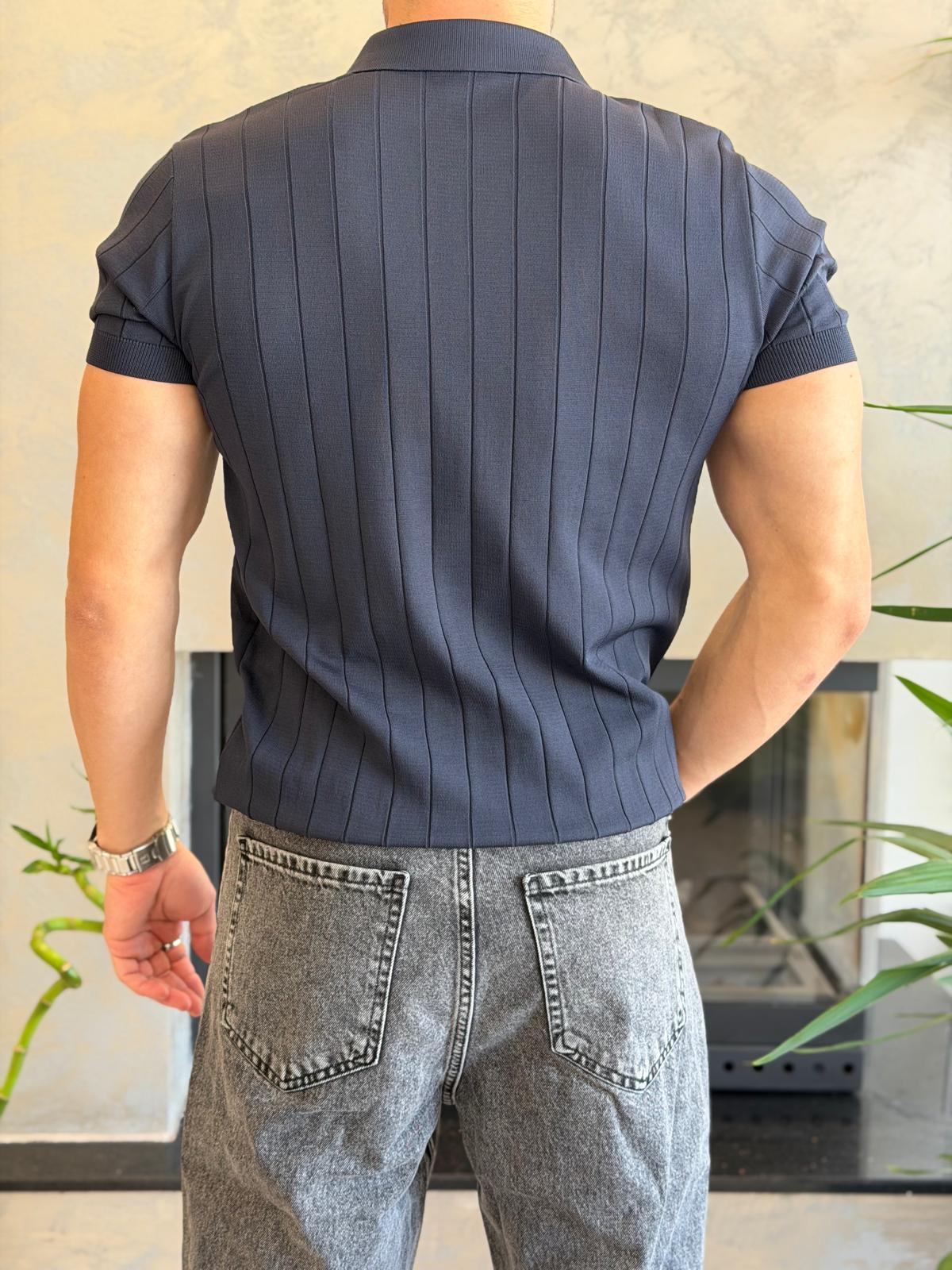 Erkek Çizgi Detaylı Fermuarlı Tshirt Lacivert Eca066