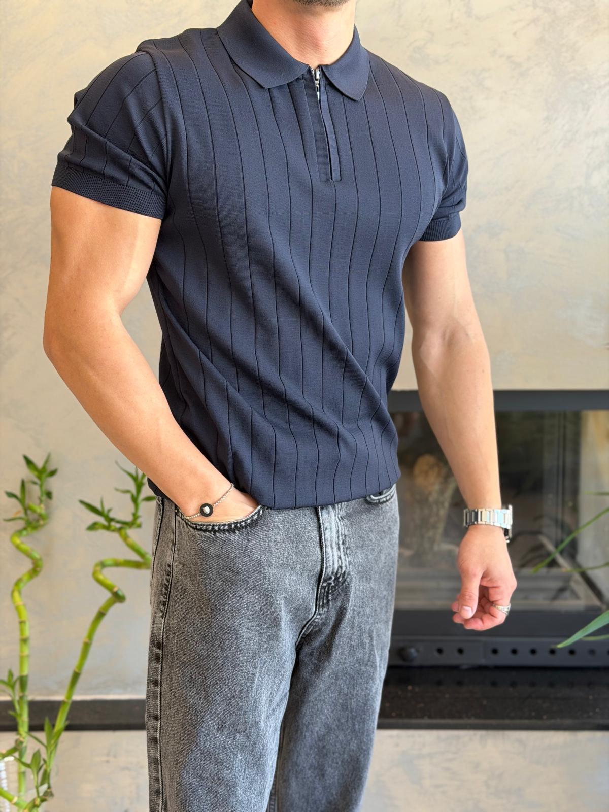 Erkek Çizgi Detaylı Fermuarlı Tshirt Lacivert Eca066