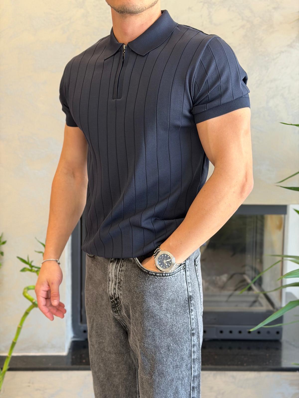 Erkek Çizgi Detaylı Fermuarlı Tshirt Lacivert Eca066