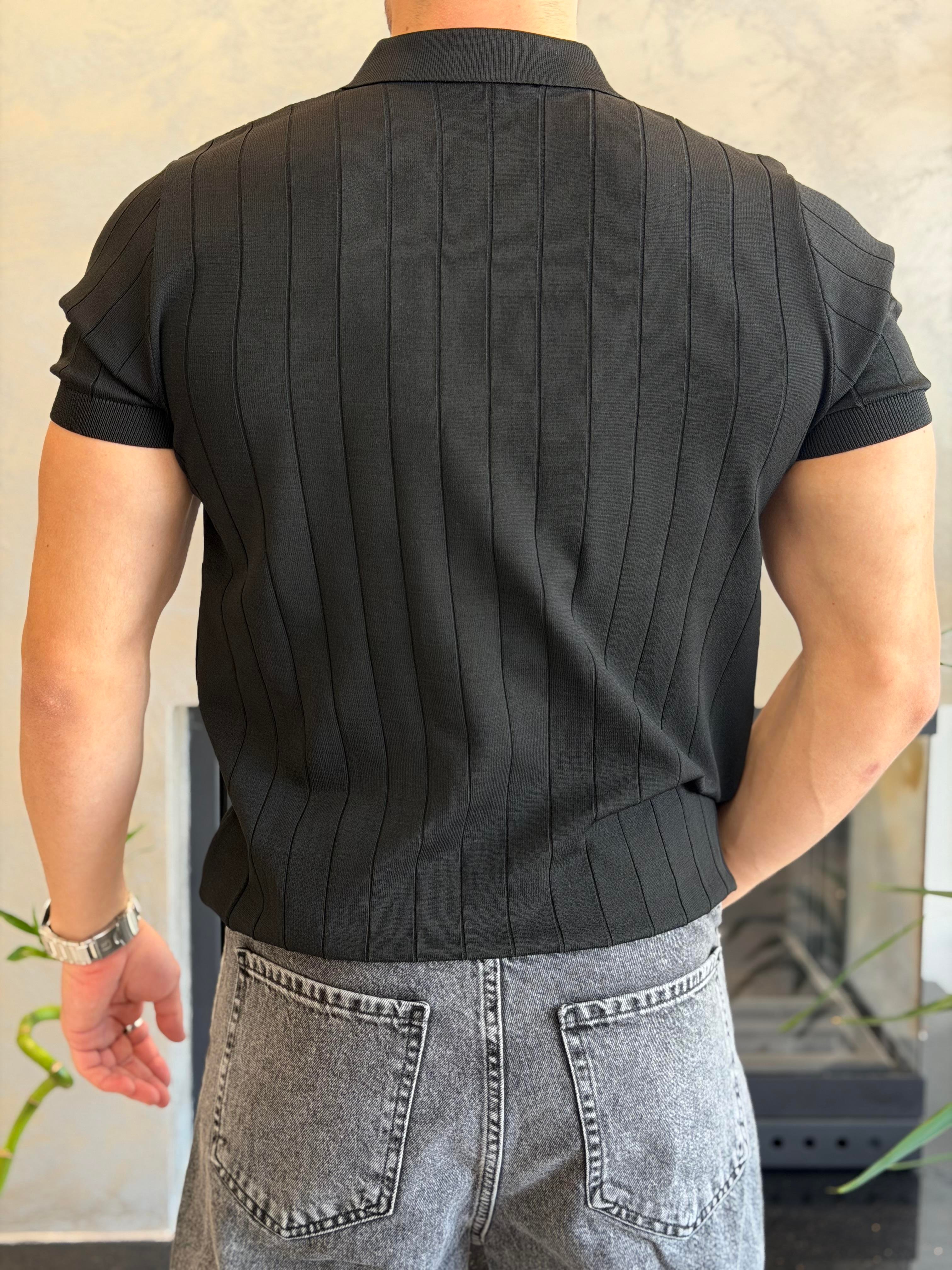 Erkek Çizgi Detaylı Fermuarlı Tshirt Siyah Eca066