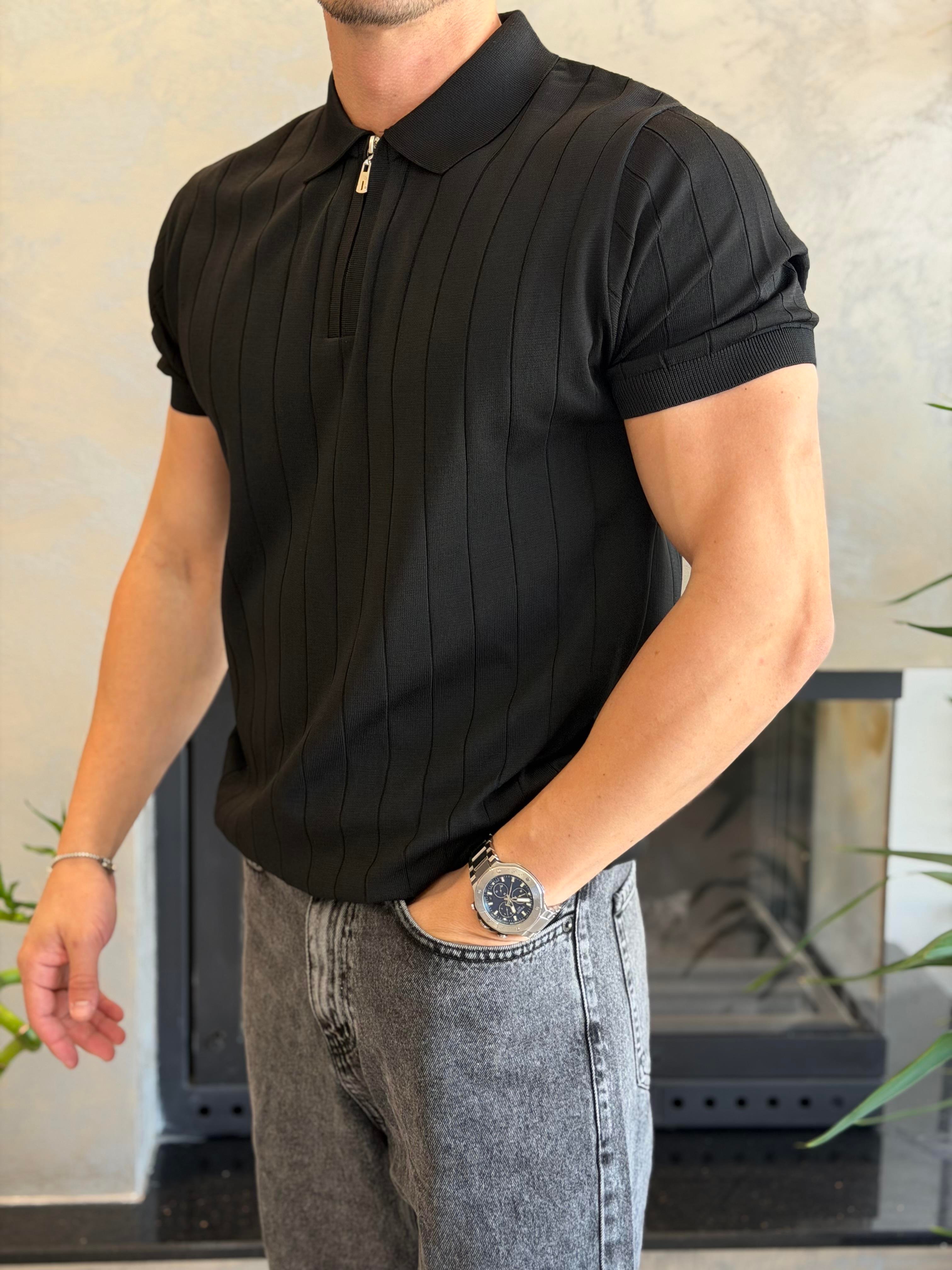 Erkek Çizgi Detaylı Fermuarlı Tshirt Siyah Eca066