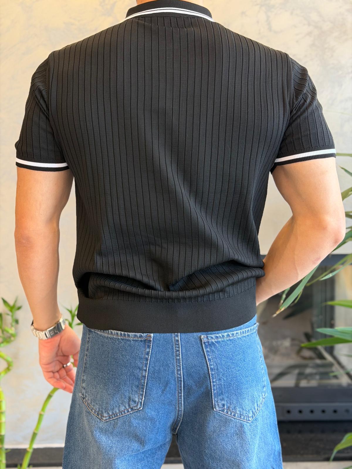 Erkek Çizgi Dokulu Yaka Detaylı Düğmeli Tshirt Siyah Eca068