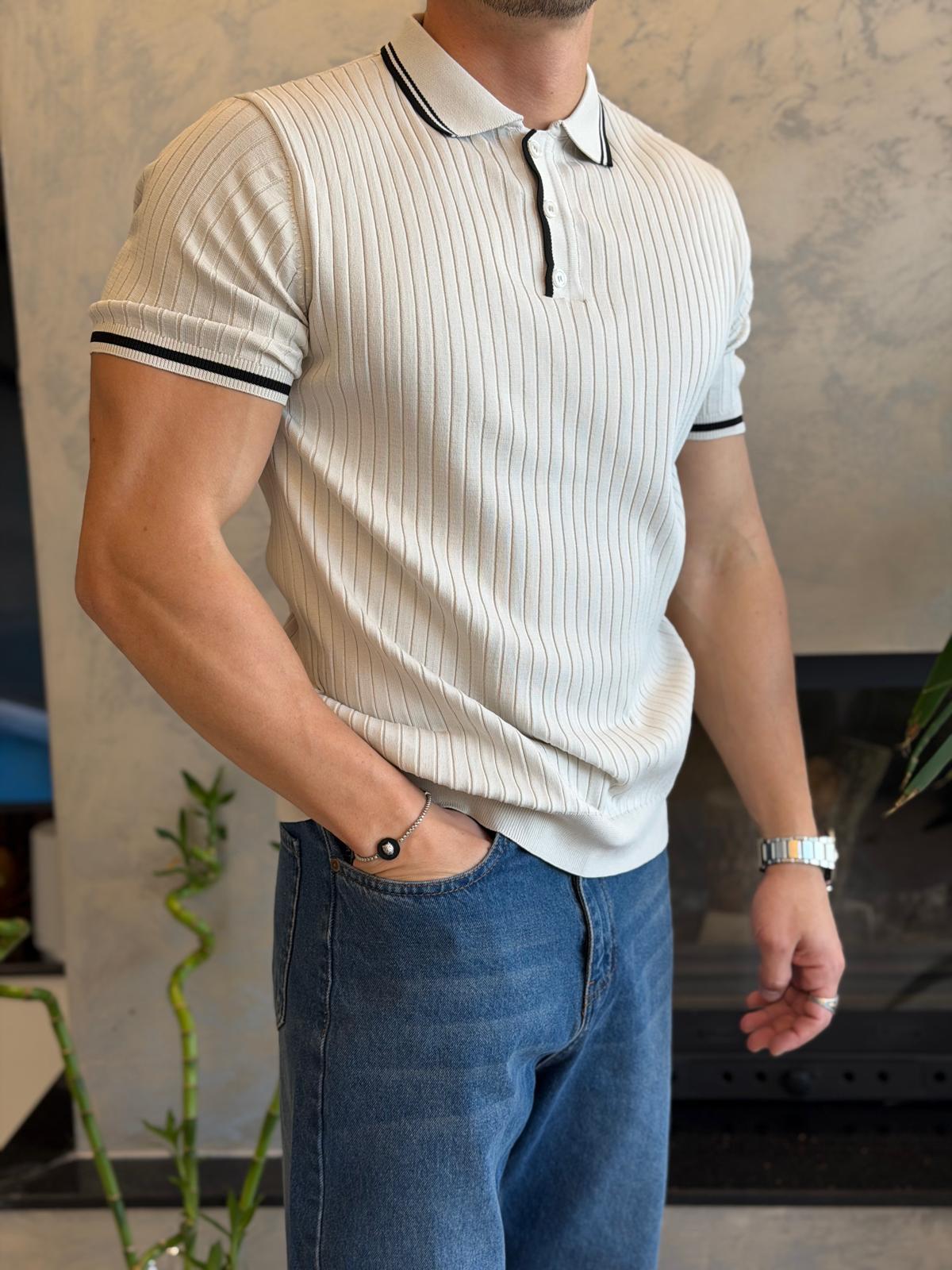 Erkek Çizgi Dokulu Yaka Detaylı Düğmeli Tshirt Bej Eca068
