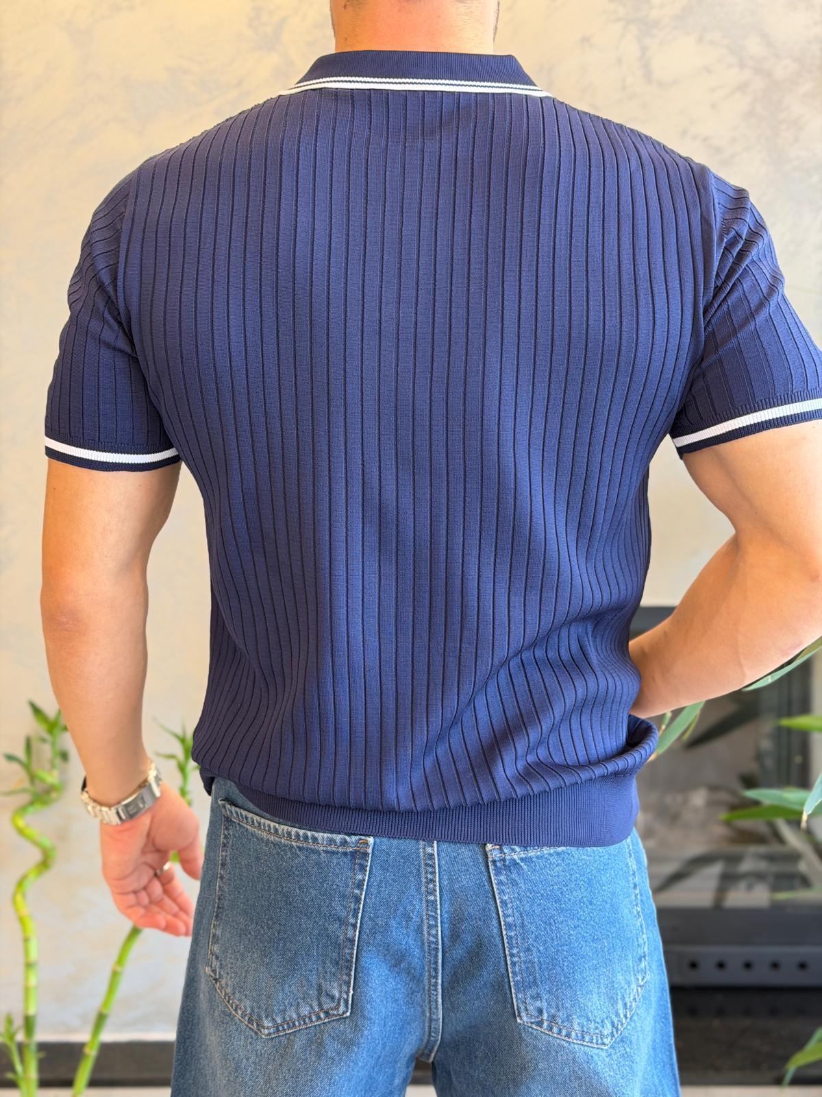 Erkek Çizgi Dokulu Yaka Detaylı Düğmeli Tshirt Lacivert Eca068