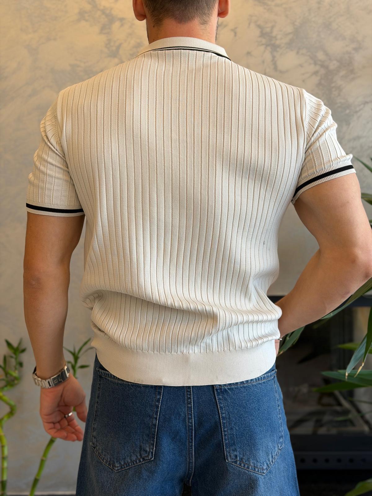 Erkek Çizgi Dokulu Yaka Detaylı Düğmeli Tshirt Bej Eca068