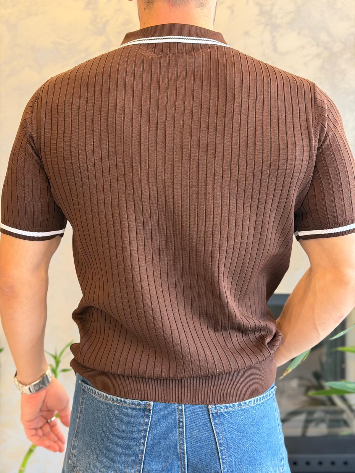 Erkek Çizgi Dokulu Yaka Detaylı Düğmeli Tshirt Acı Kahve Eca068