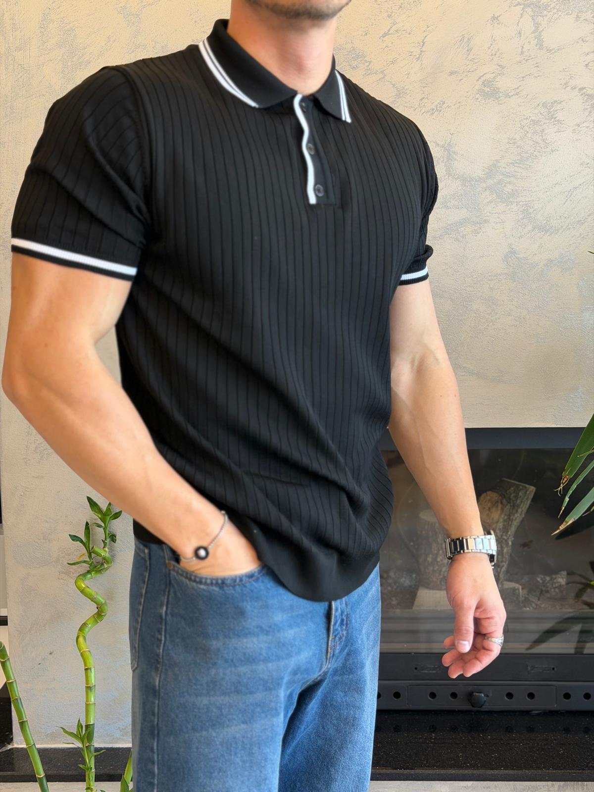 Erkek Çizgi Dokulu Yaka Detaylı Düğmeli Tshirt Siyah Eca068