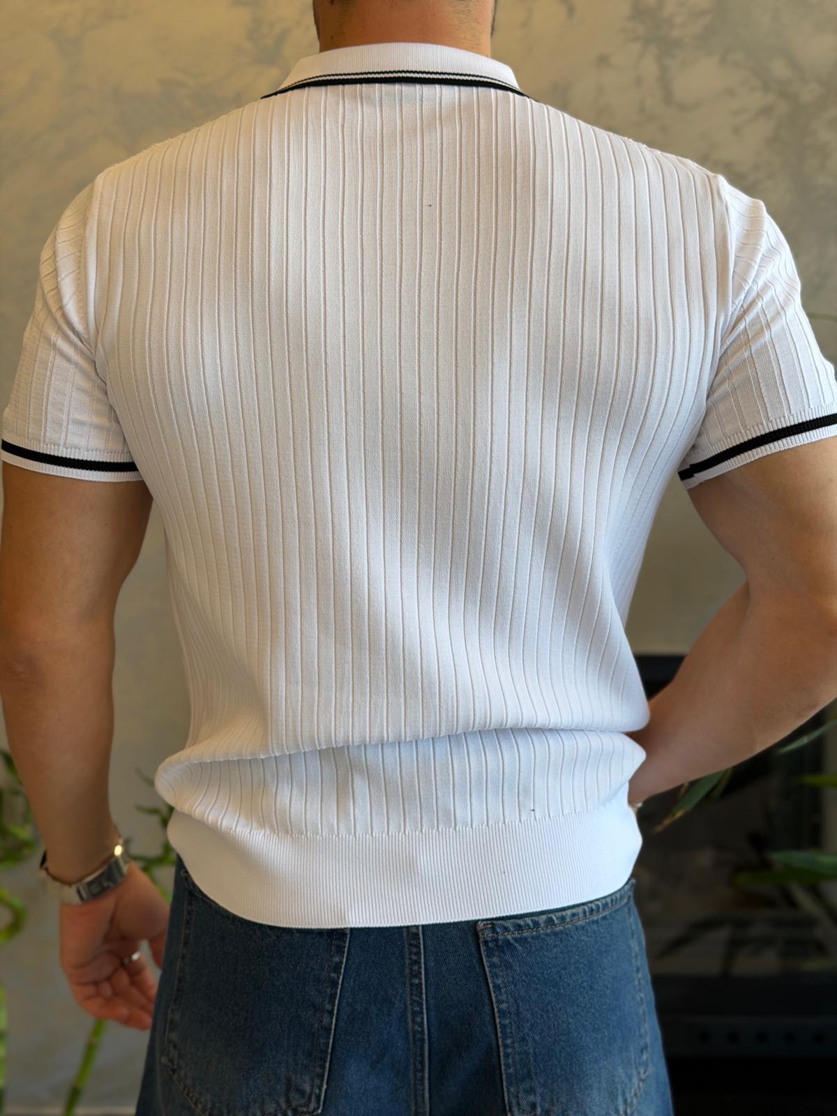 Erkek Çizgi Dokulu Yaka Detaylı Düğmeli Tshirt Beyaz Eca068