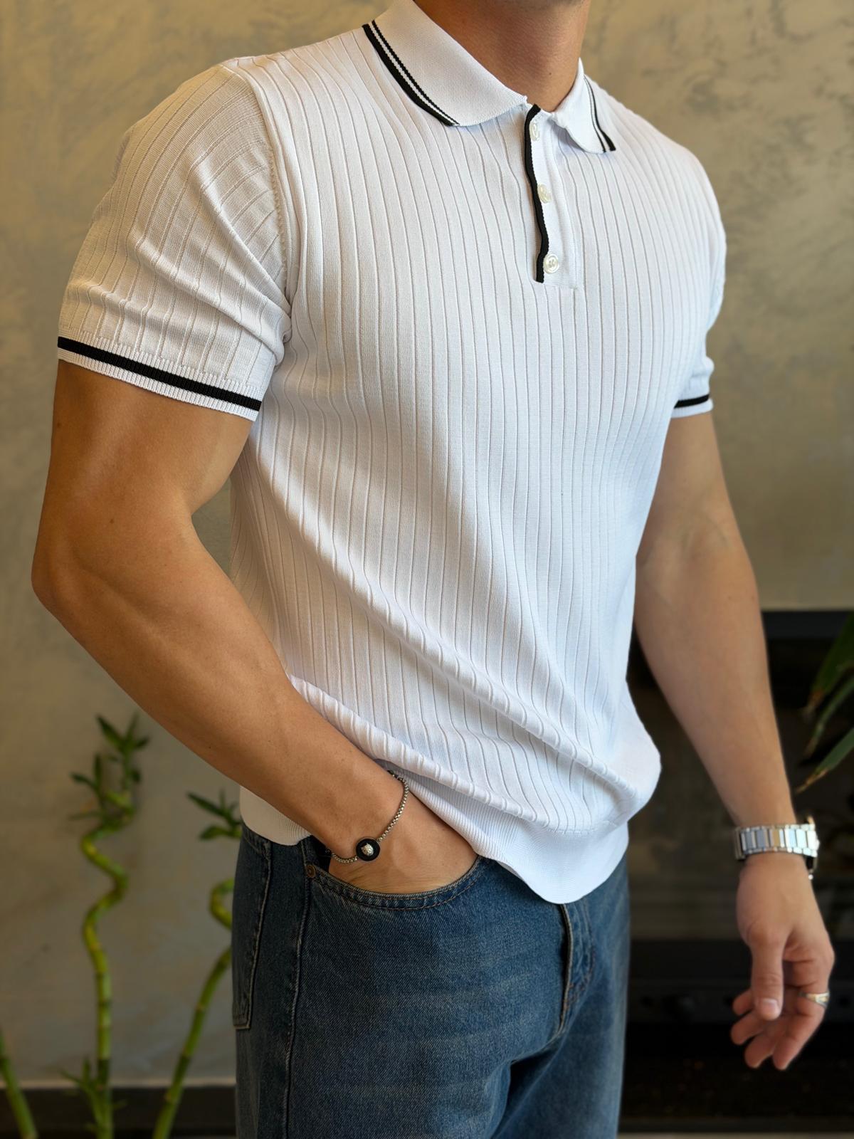 Erkek Çizgi Dokulu Yaka Detaylı Düğmeli Tshirt Beyaz Eca068