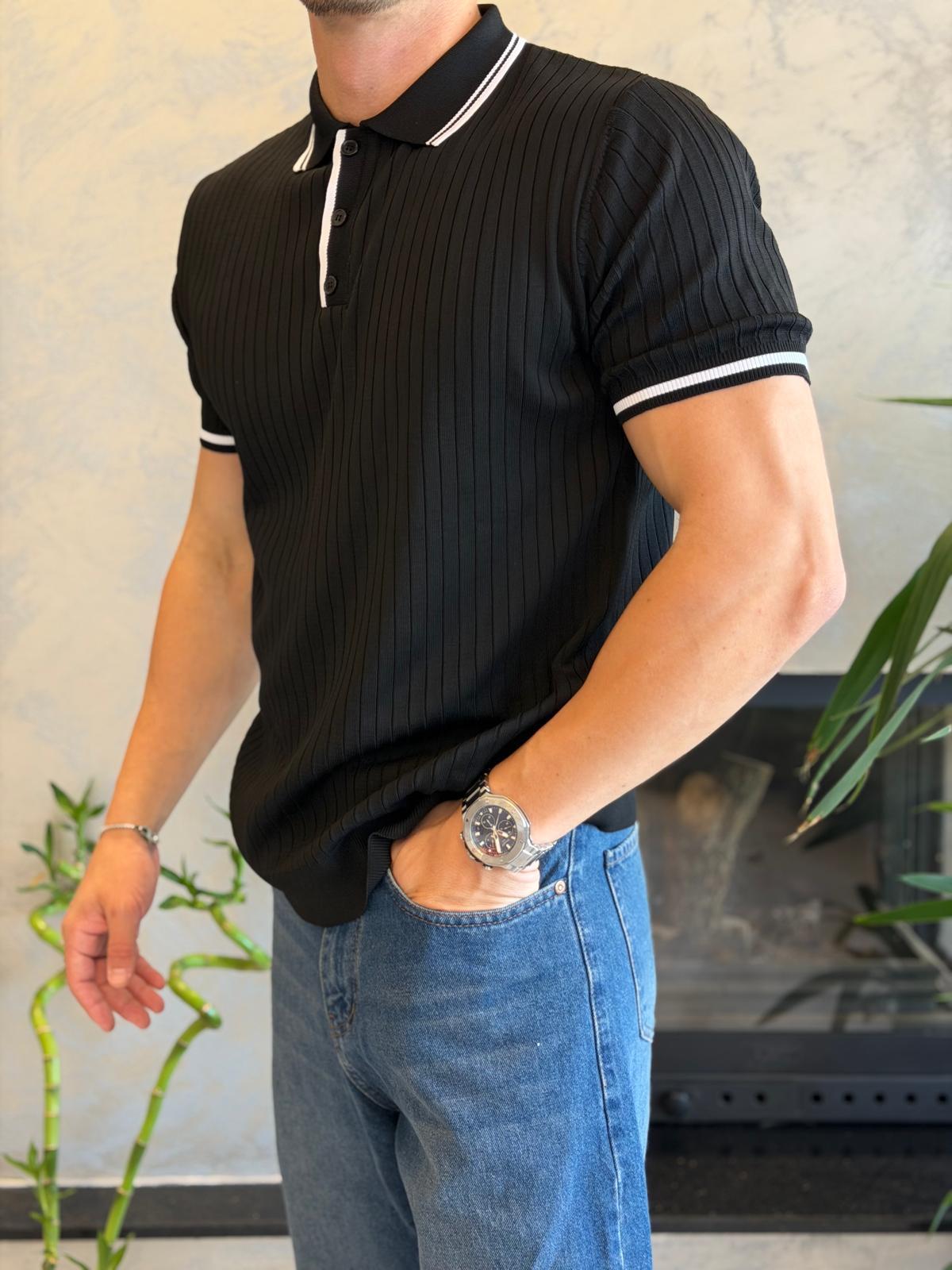 Erkek Çizgi Dokulu Yaka Detaylı Düğmeli Tshirt Siyah Eca068