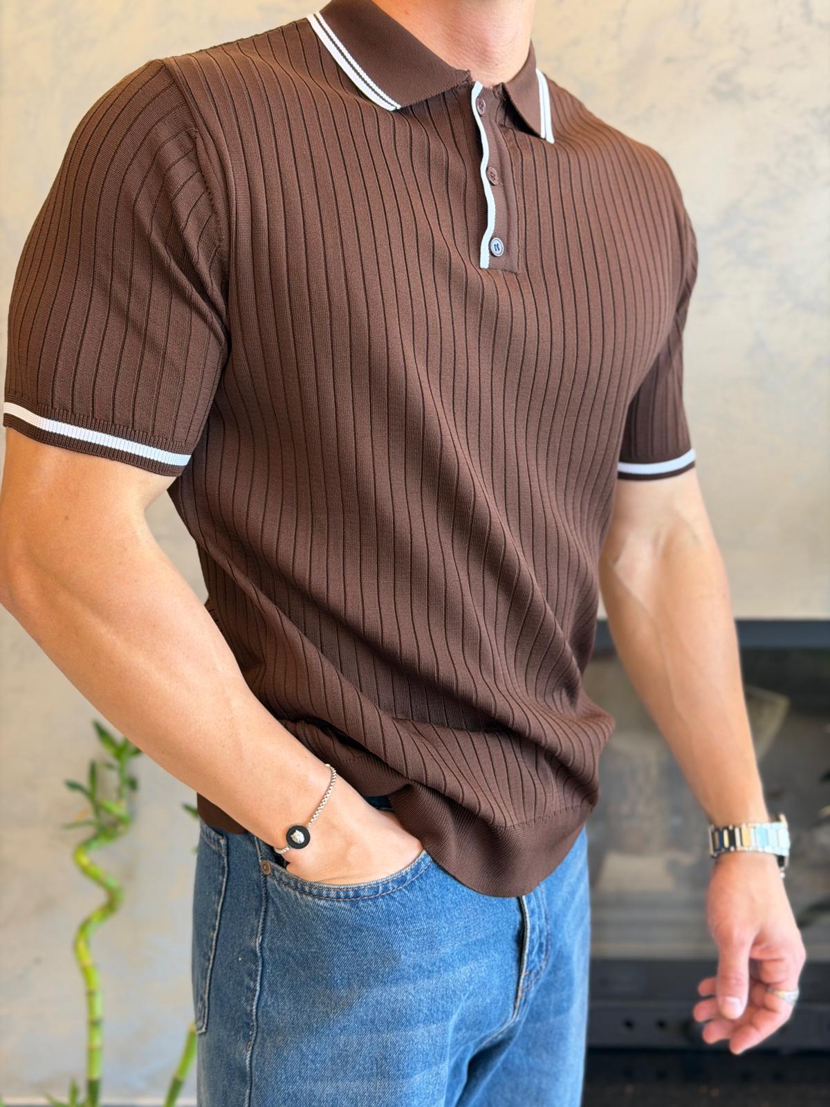 Erkek Çizgi Dokulu Yaka Detaylı Düğmeli Tshirt Acı Kahve Eca068