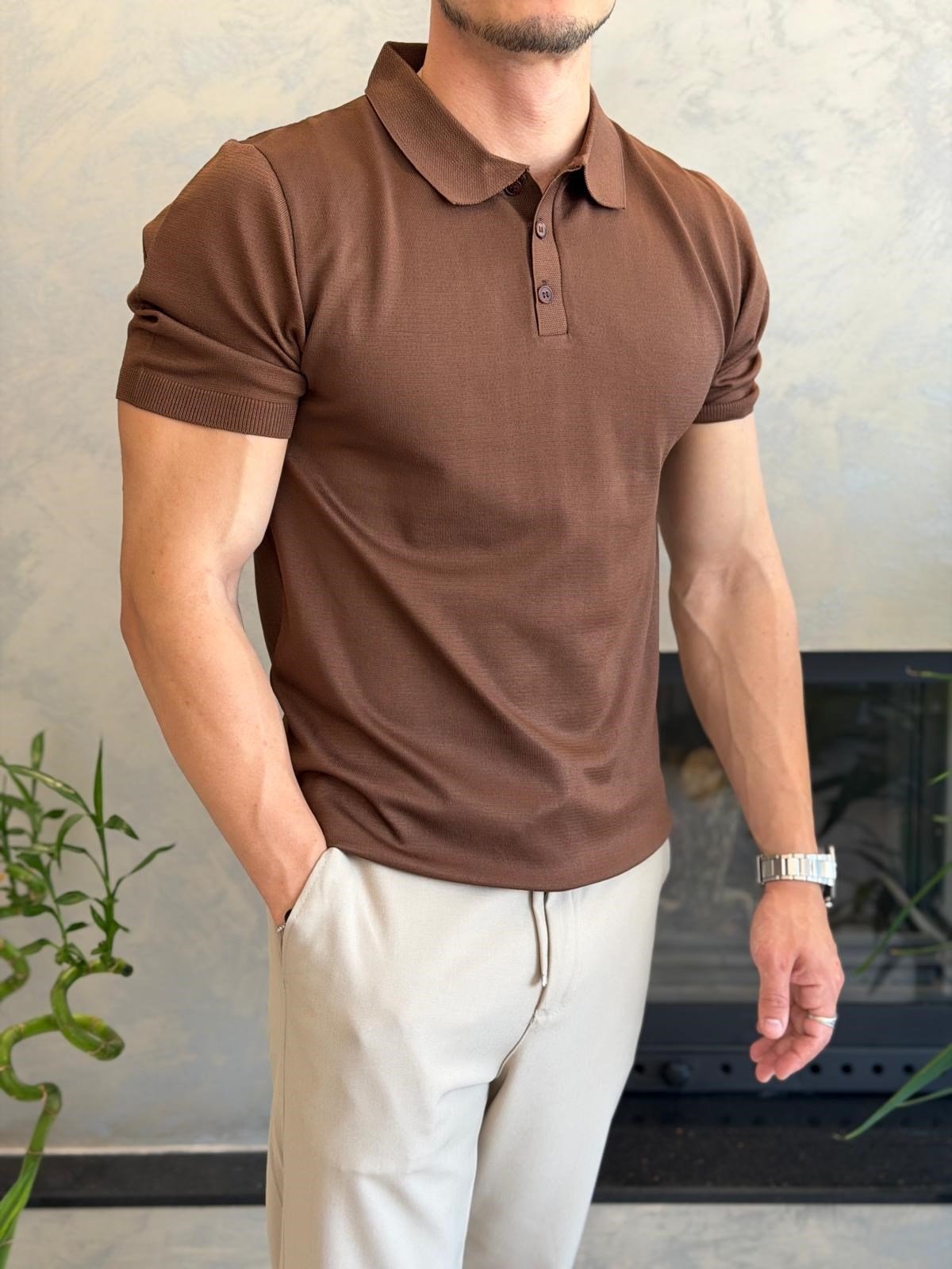 Erkek Düğme Kapama  İnce Triko Tshirt Acı Kahve  Eca083