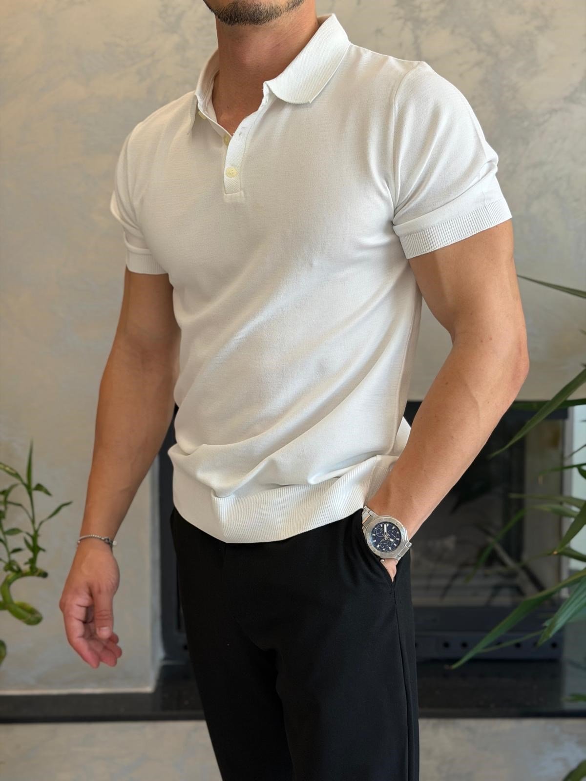 Erkek Düğme Kapama  İnce Triko Tshirt Beyaz  Eca083