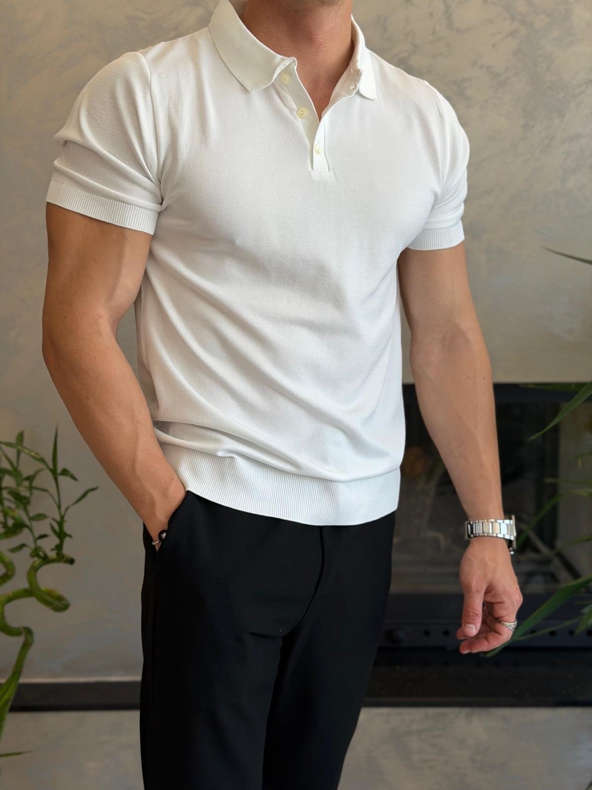 Erkek Düğme Kapama  İnce Triko Tshirt Beyaz  Eca083