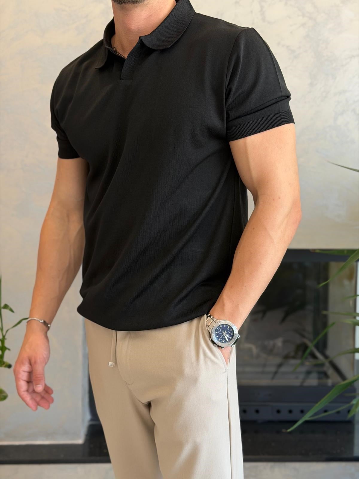 Erkek Düğme Kapama  İnce Triko Tshirt Siyah  Eca083