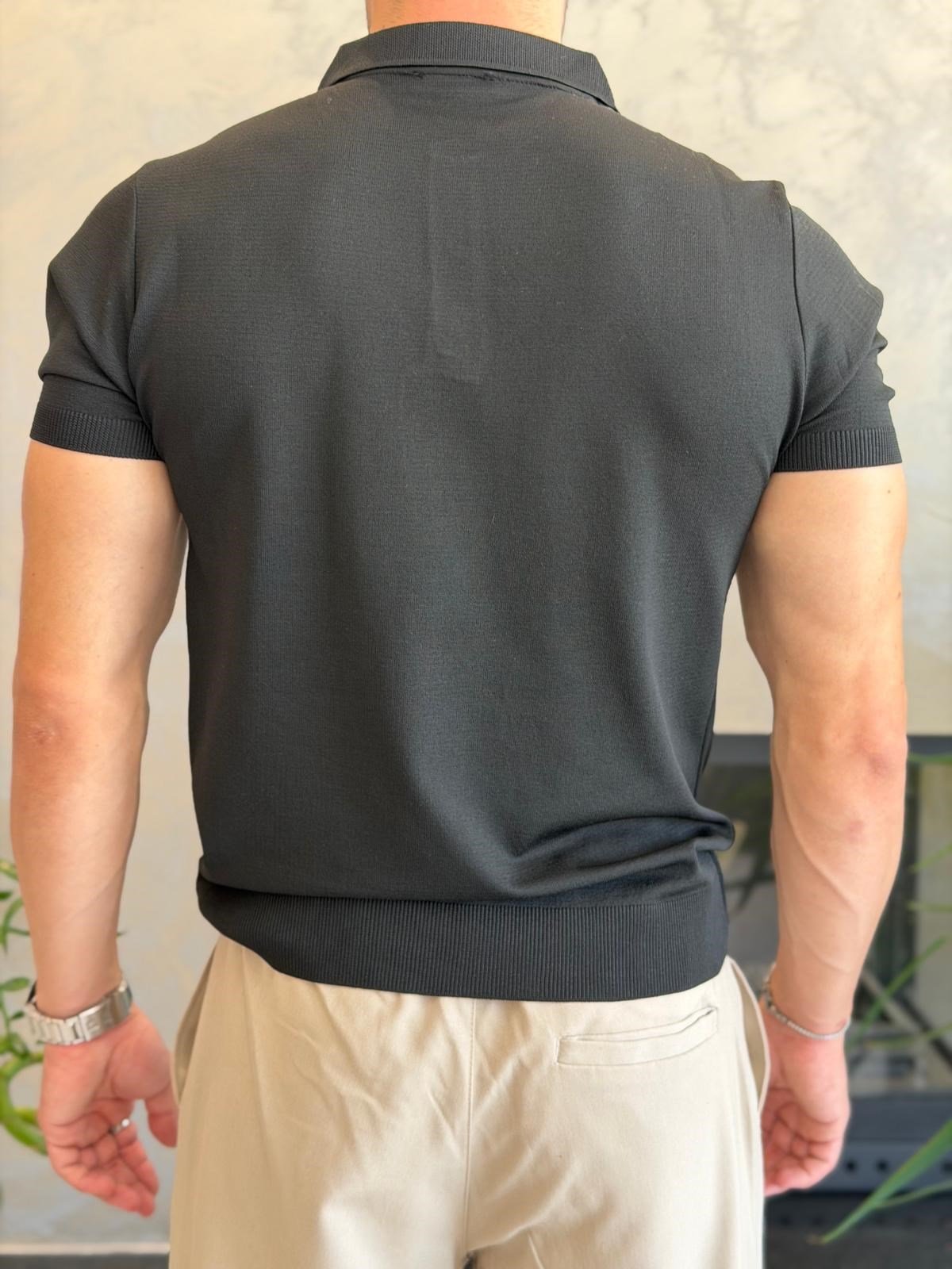 Erkek Düğme Kapama  İnce Triko Tshirt Siyah  Eca083
