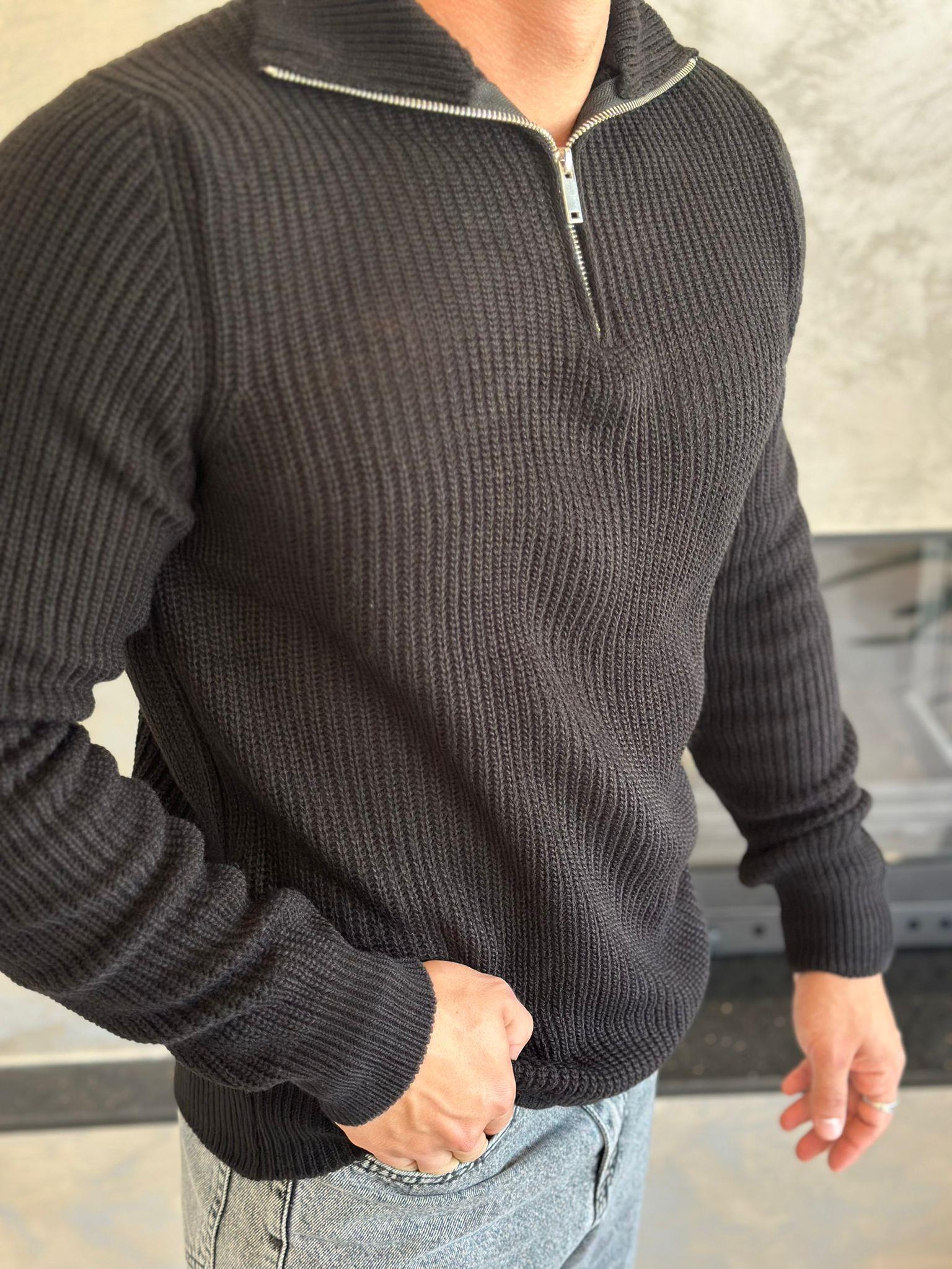 Erkek Fermuar Detaylı Örme Kazak Siyah Eca031