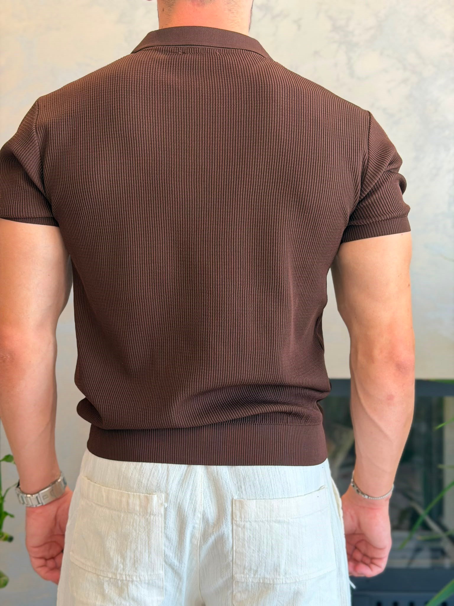Erkek Fitilli Fermuarlı Yumuşak Dokulu Tshirt Acı Kahve Eca082