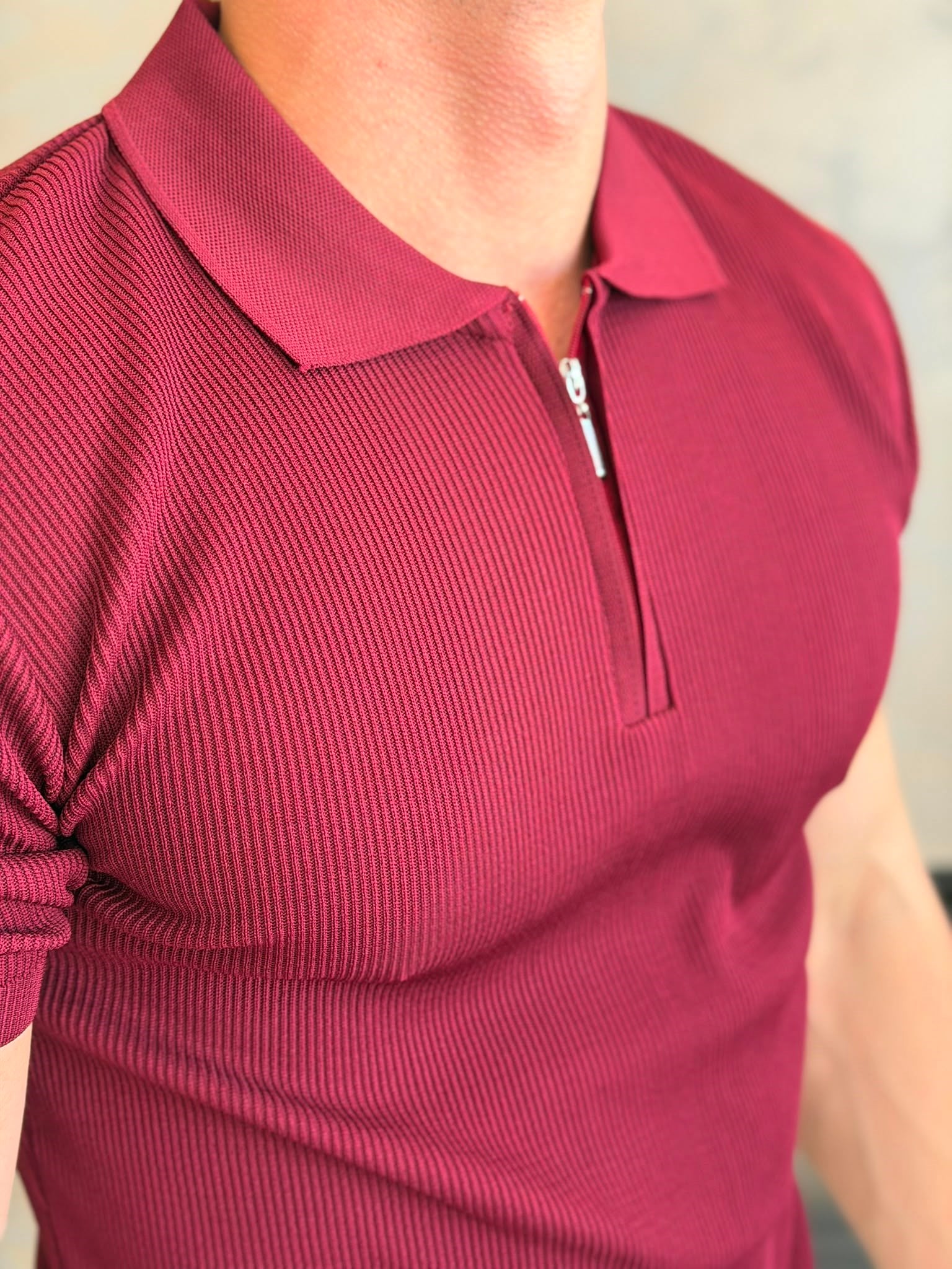 Erkek Fitilli Fermuarlı Yumuşak Dokulu Tshirt Kırmızı Eca082