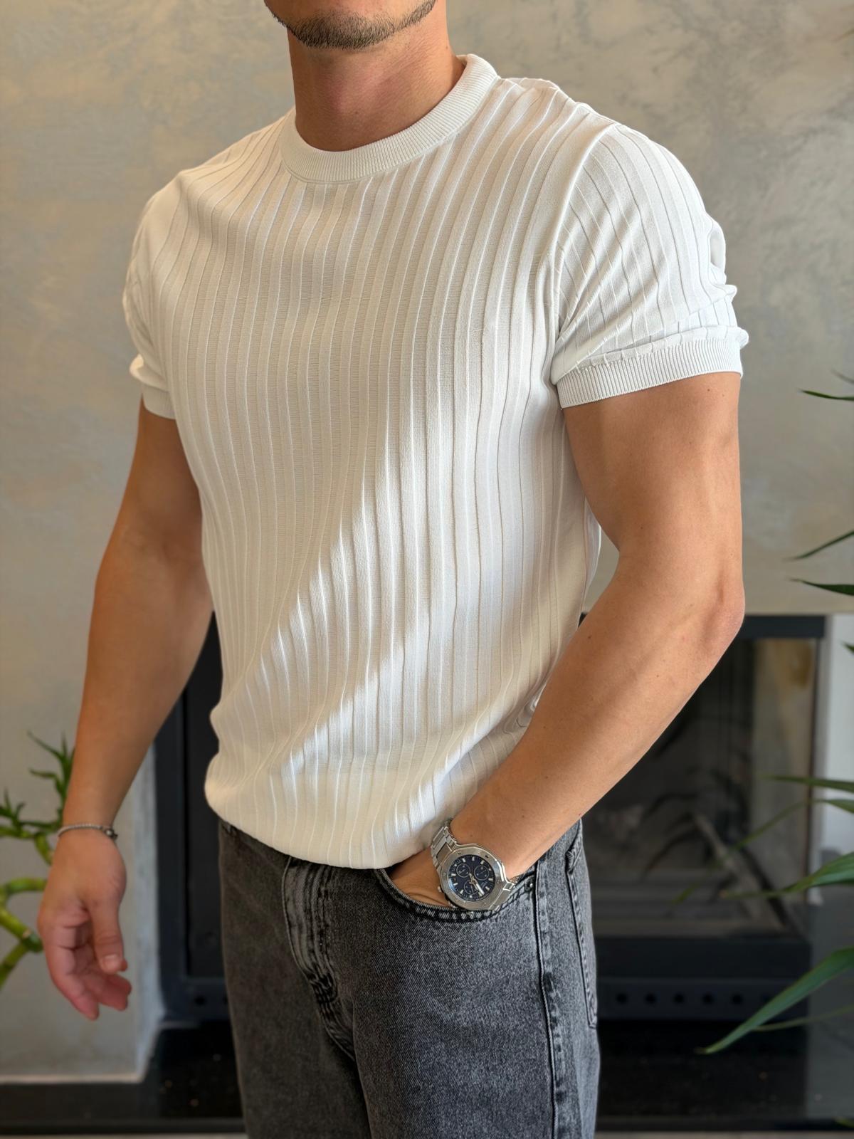 Erkek Kısa Kollu Bisiklet Yaka Çizgi Detaylı Tshirt Beyaz Eca071