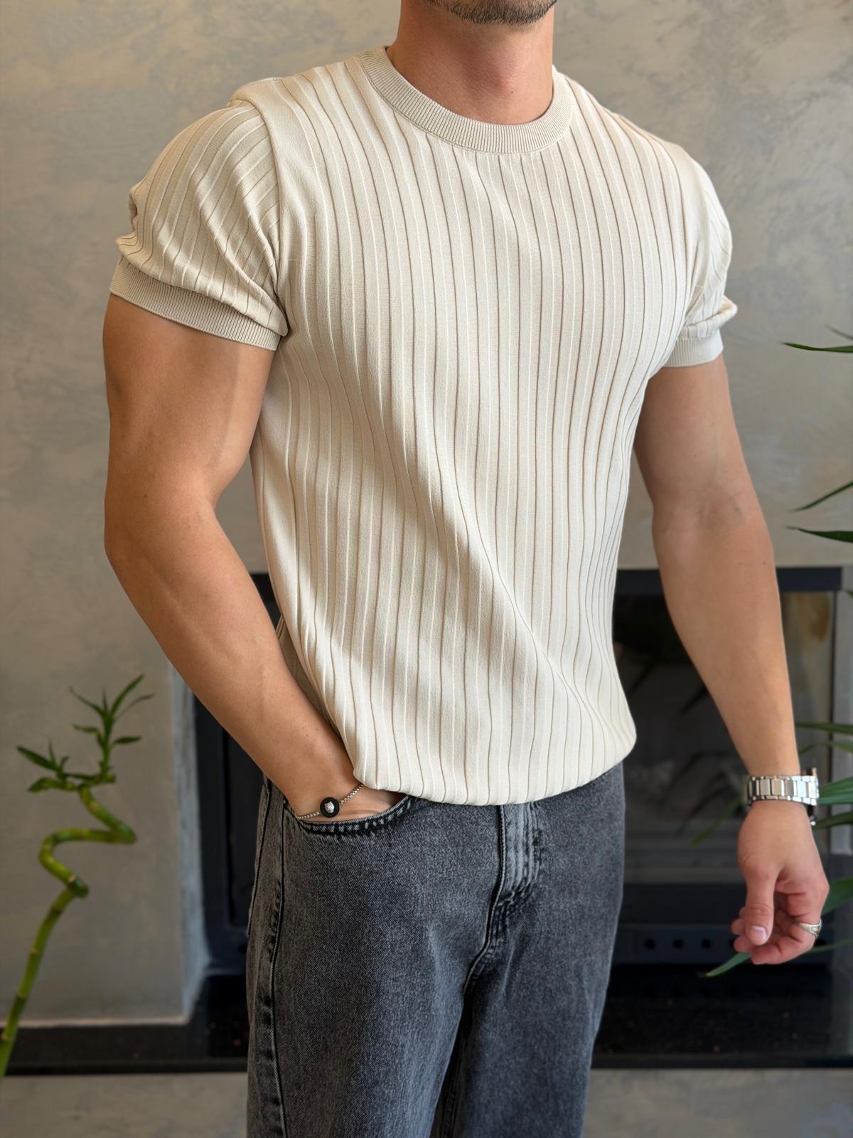 Erkek Kısa Kollu Bisiklet Yaka Çizgi Detaylı Tshirt Bej Eca070