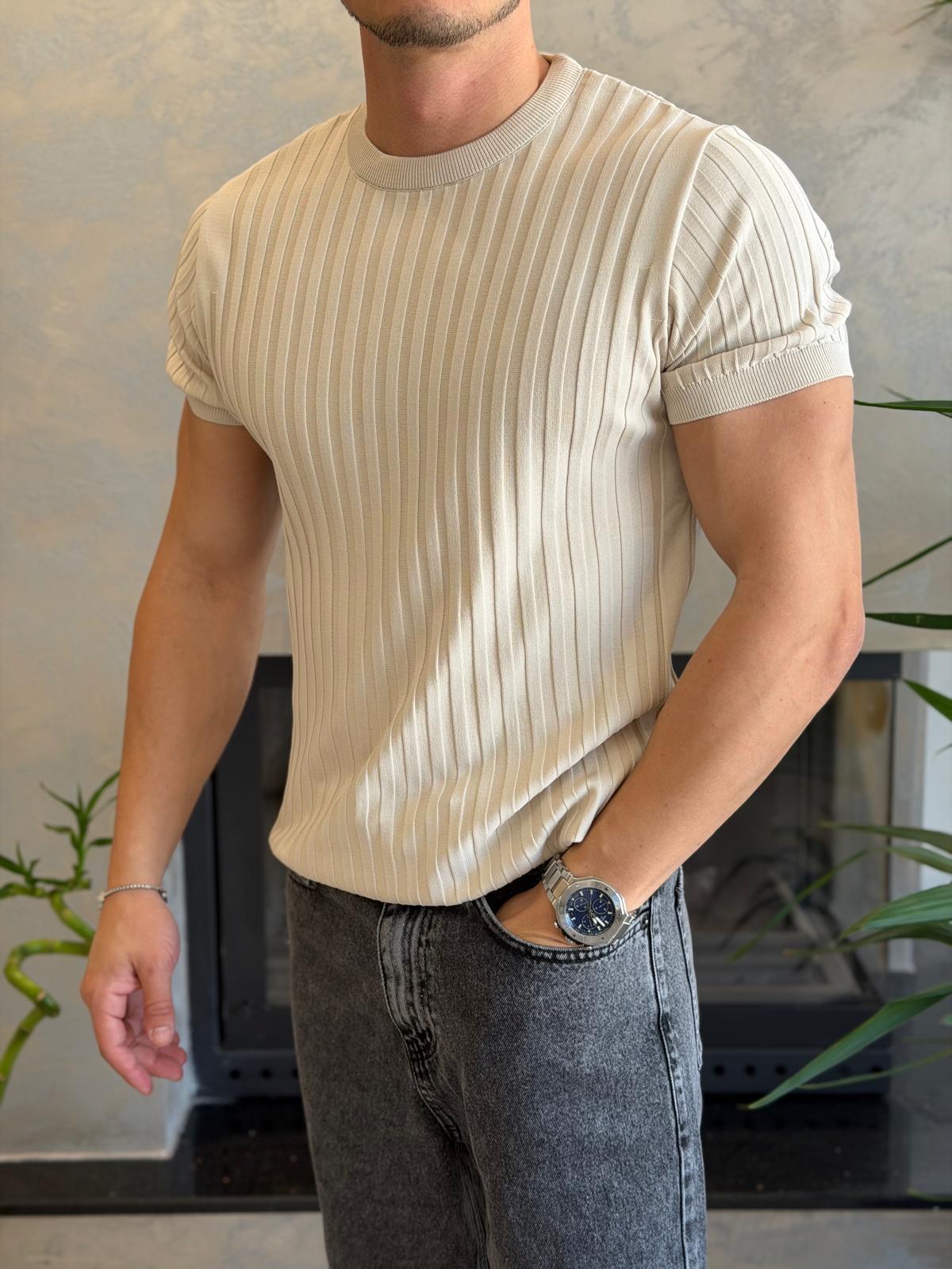 Erkek Kısa Kollu Bisiklet Yaka Çizgi Detaylı Tshirt Bej Eca070