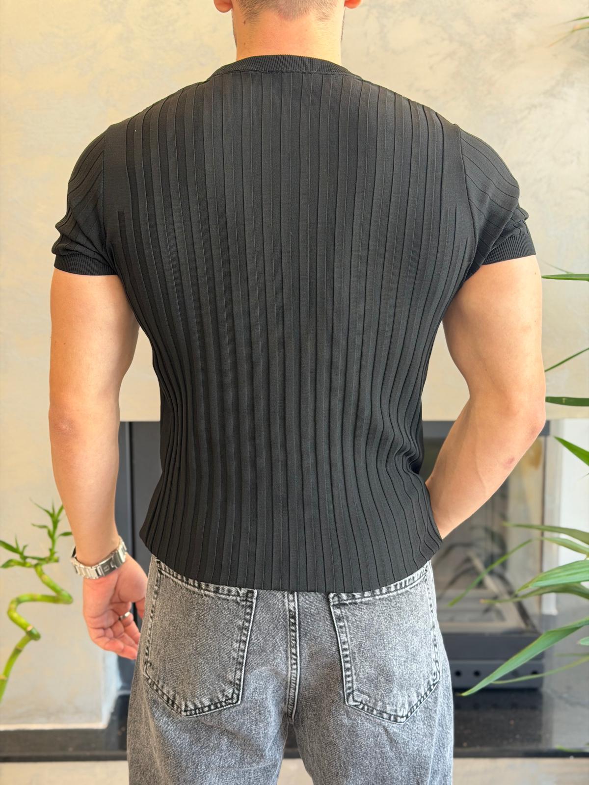Erkek Kısa Kollu Bisiklet Yaka Çizgi Detaylı Tshirt Siyah Eca071