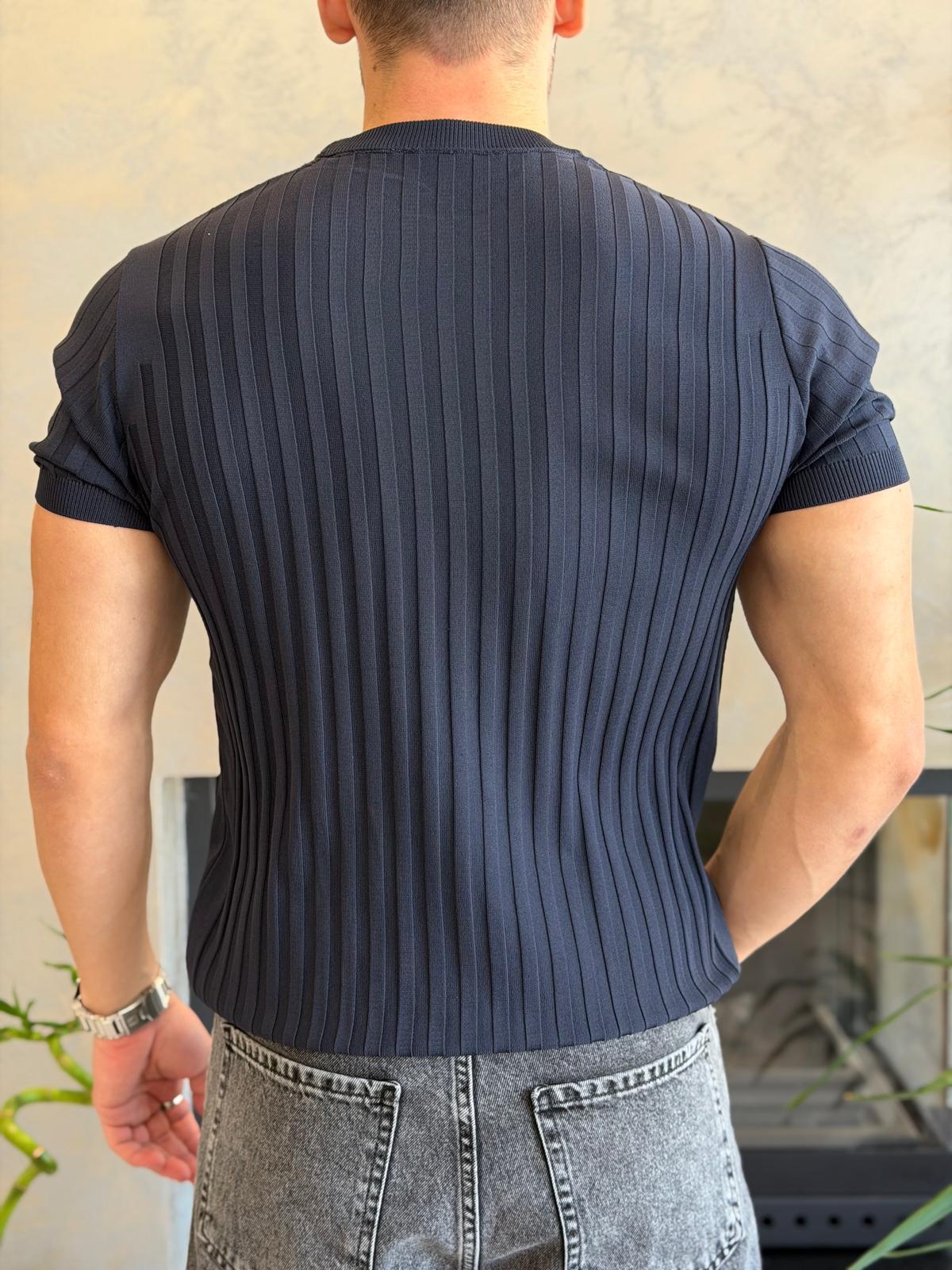 Erkek Kısa Kollu Bisiklet Yaka Çizgi Detaylı Tshirt Lacivert Eca071