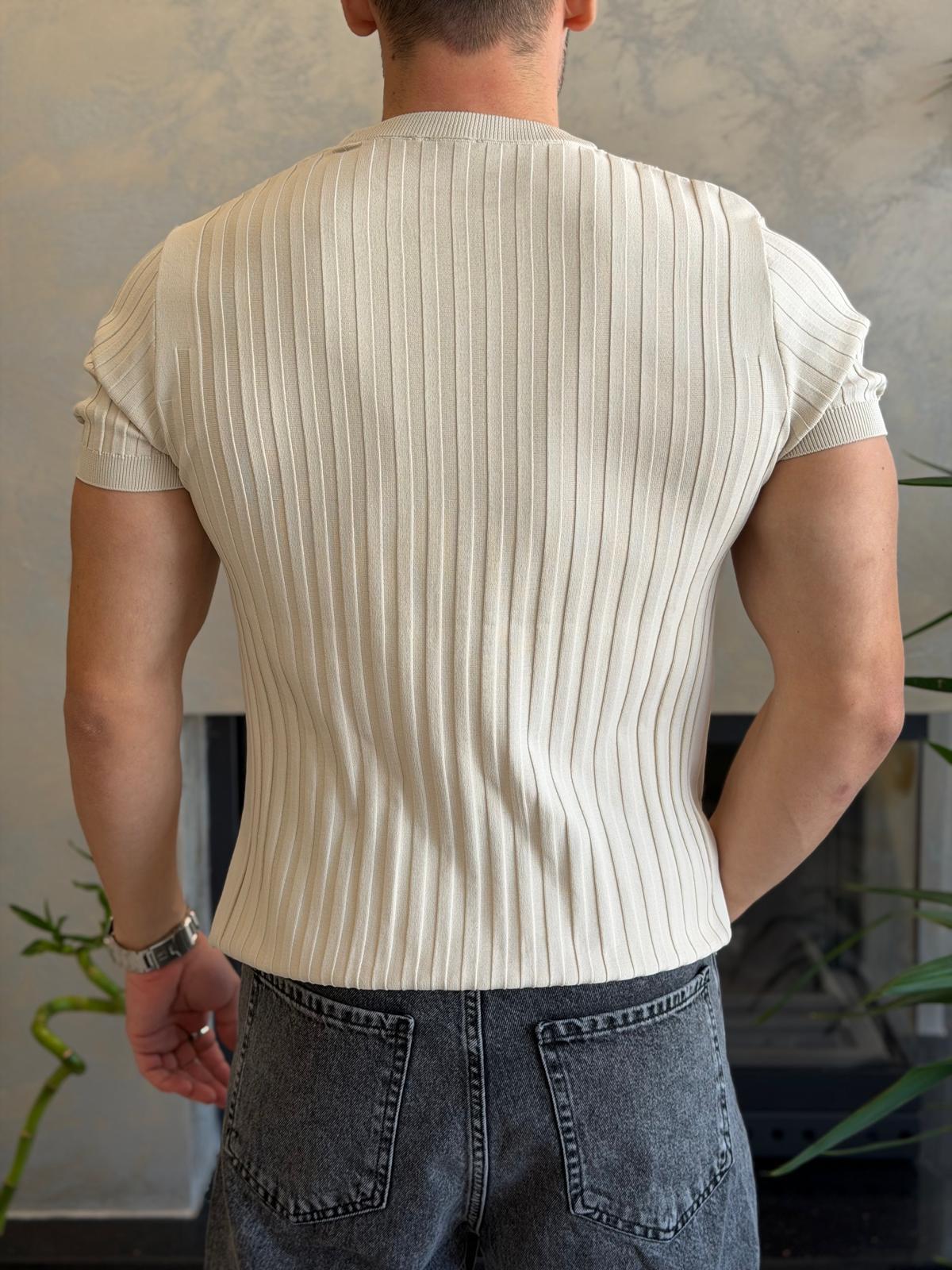 Erkek Kısa Kollu Bisiklet Yaka Çizgi Detaylı Tshirt Bej Eca070