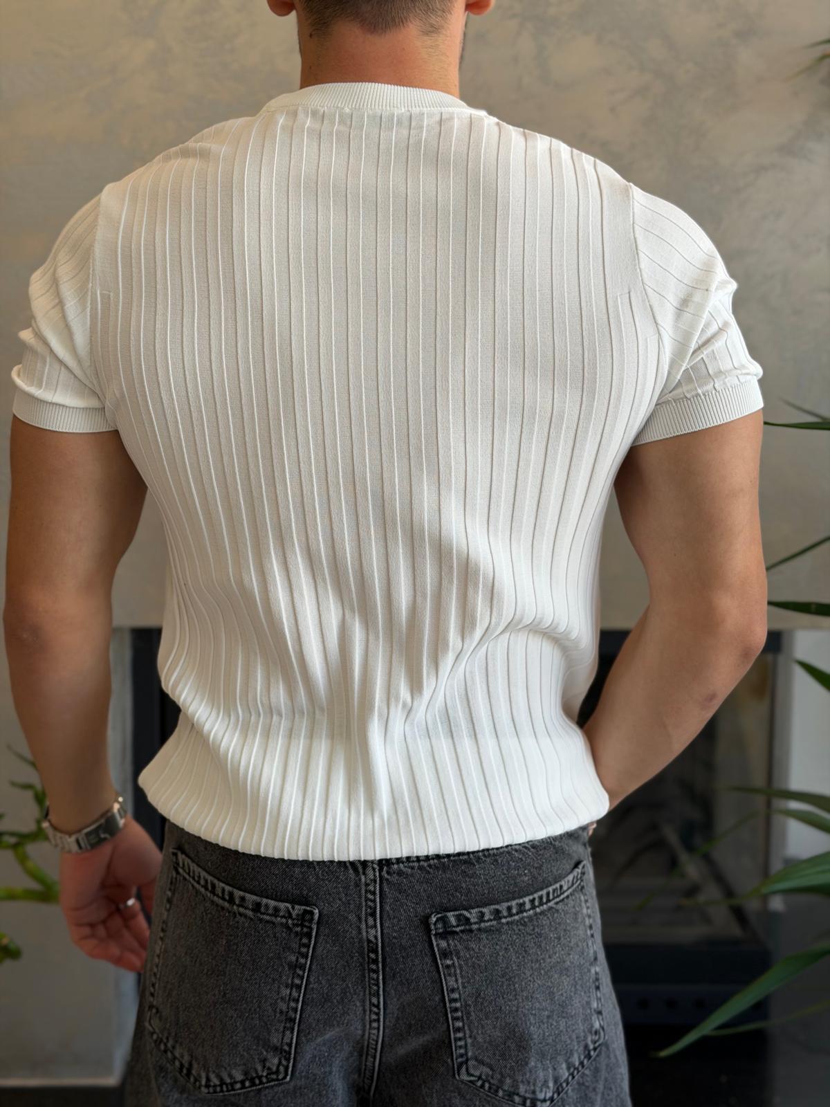 Erkek Kısa Kollu Bisiklet Yaka Çizgi Detaylı Tshirt Beyaz Eca071