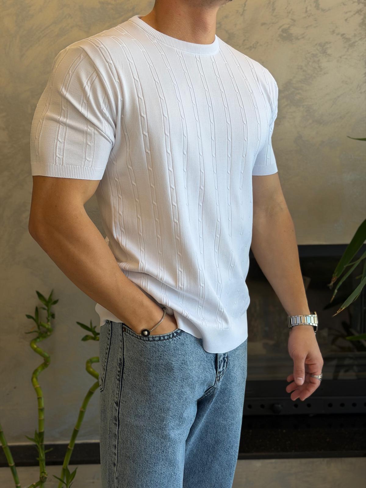 Erkek Kısa Kollu Saç Örgü Desenli  Bisiklet Yaka Tshirt Beyaz Eca072