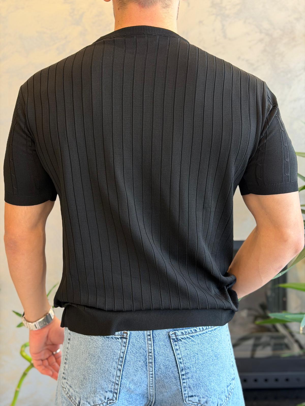 Erkek Kısa Kollu Saç Örgü Desenli  Bisiklet Yaka Tshirt Siyah Eca072