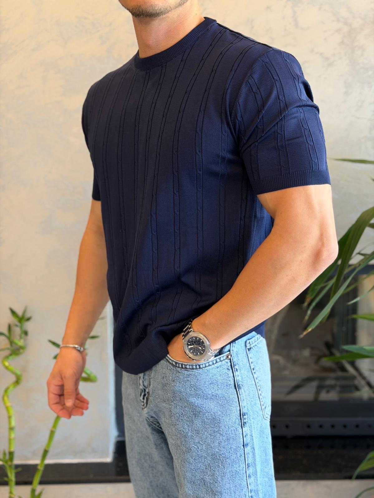 Erkek Kısa Kollu Saç Örgü Desenli  Bisiklet Yaka Tshirt Lacivert Eca072