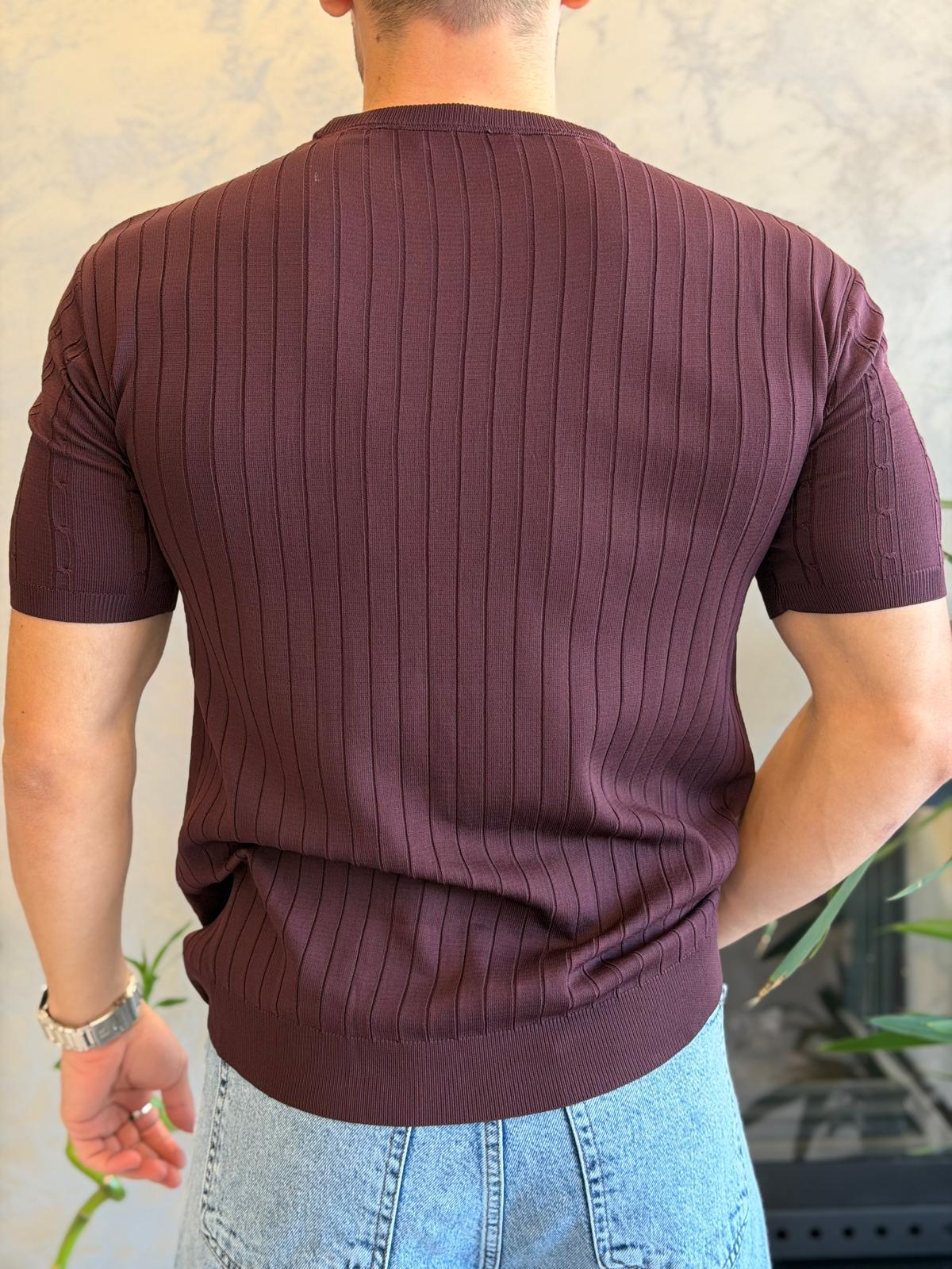 Erkek Kısa Kollu Saç Örgü Desenli  Bisiklet Yaka Tshirt Bordo Eca072
