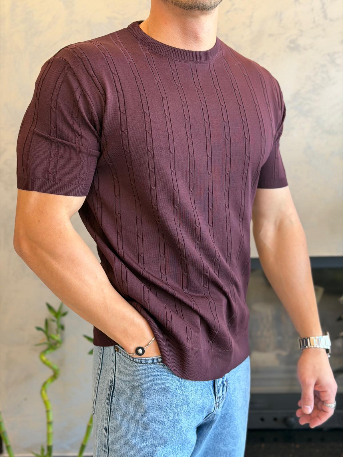 Erkek Kısa Kollu Saç Örgü Desenli  Bisiklet Yaka Tshirt Bordo Eca072